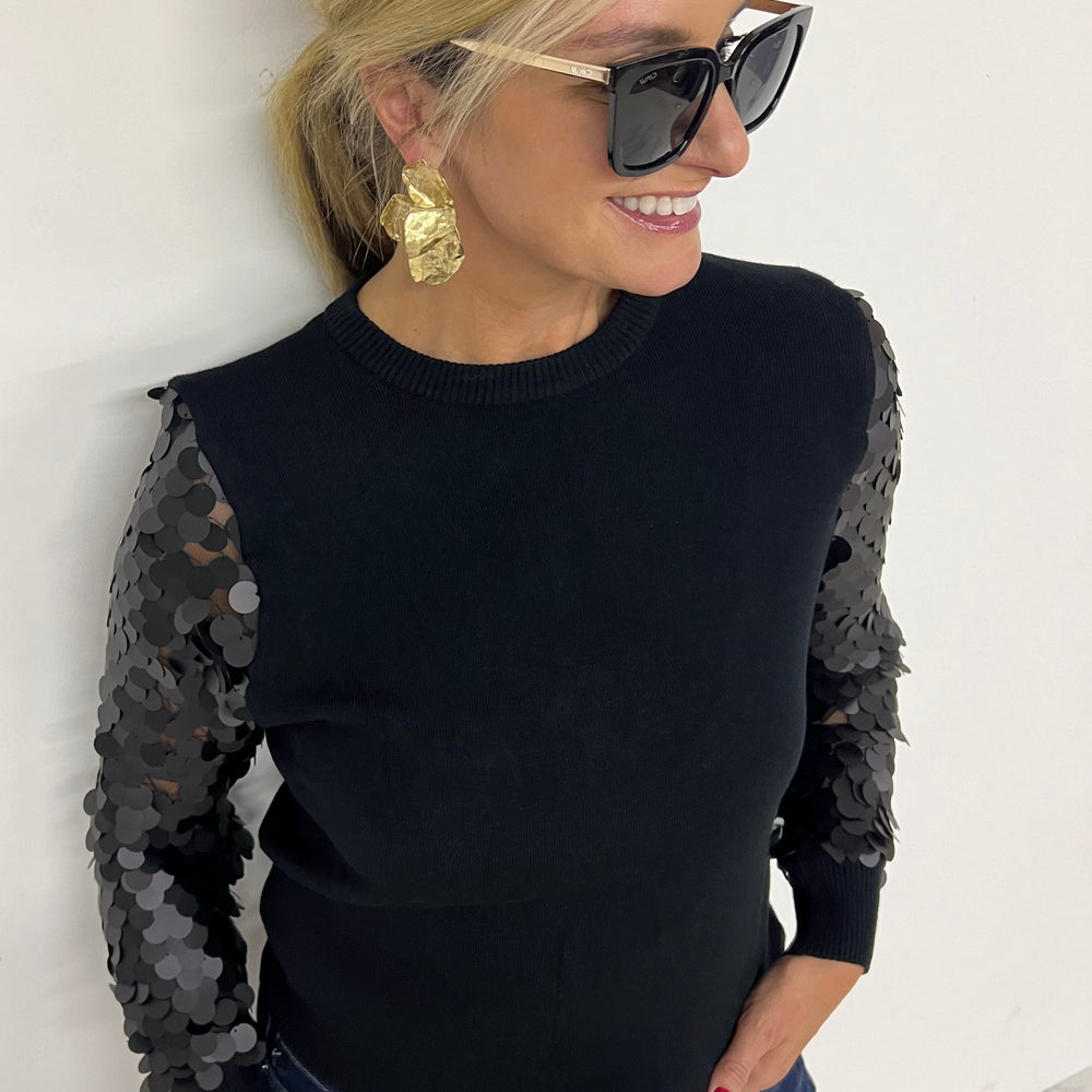 Spotlight Sequin Sleeve Sweater (Black)