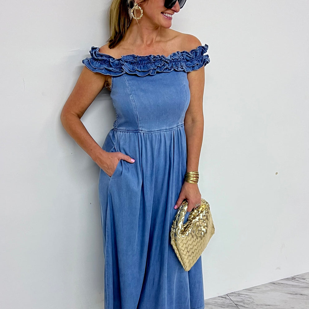 
                  
                    Dallas Denim Ruffle Dress
                  
                