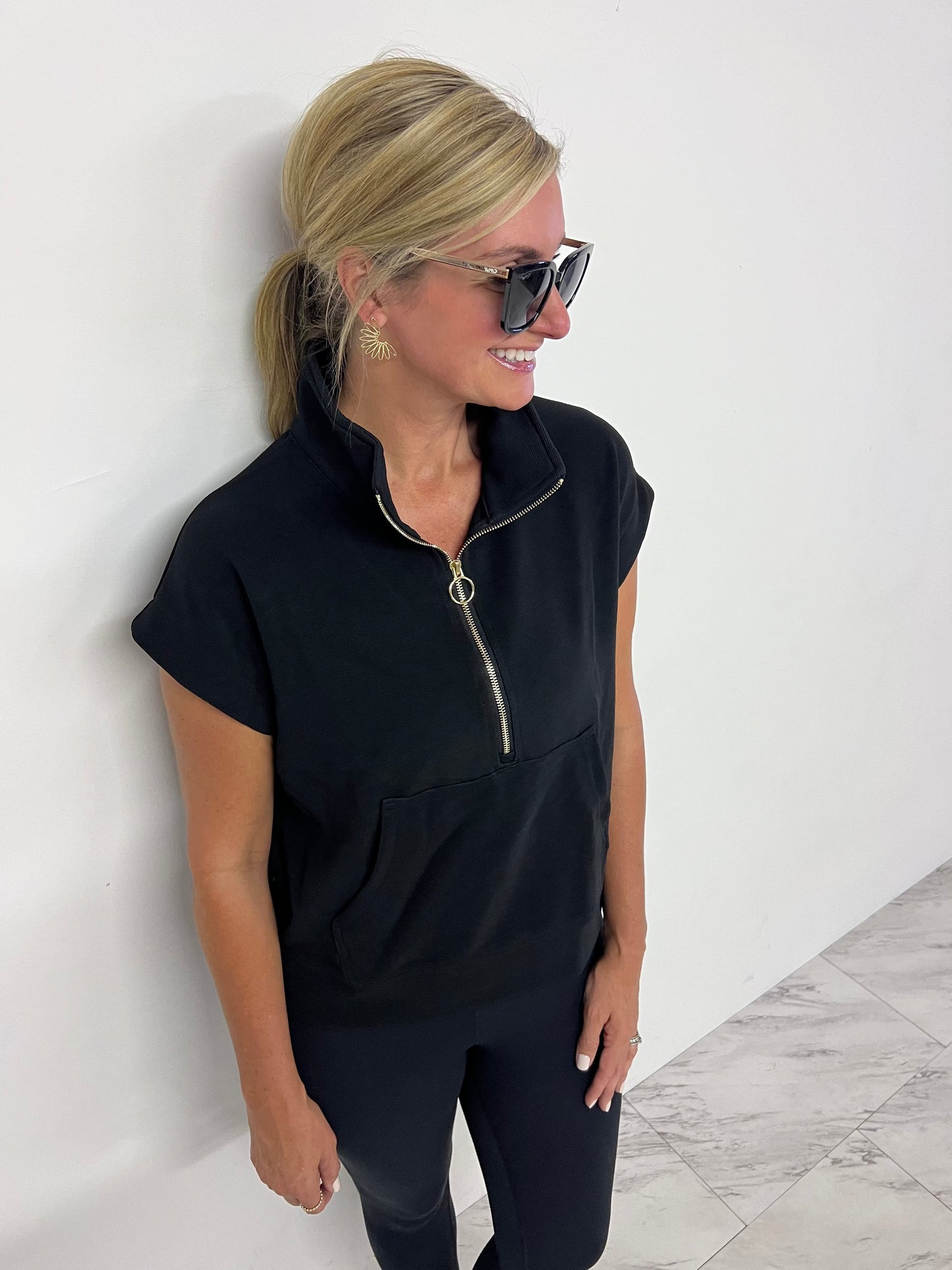 Aniston Black Zip Front Top