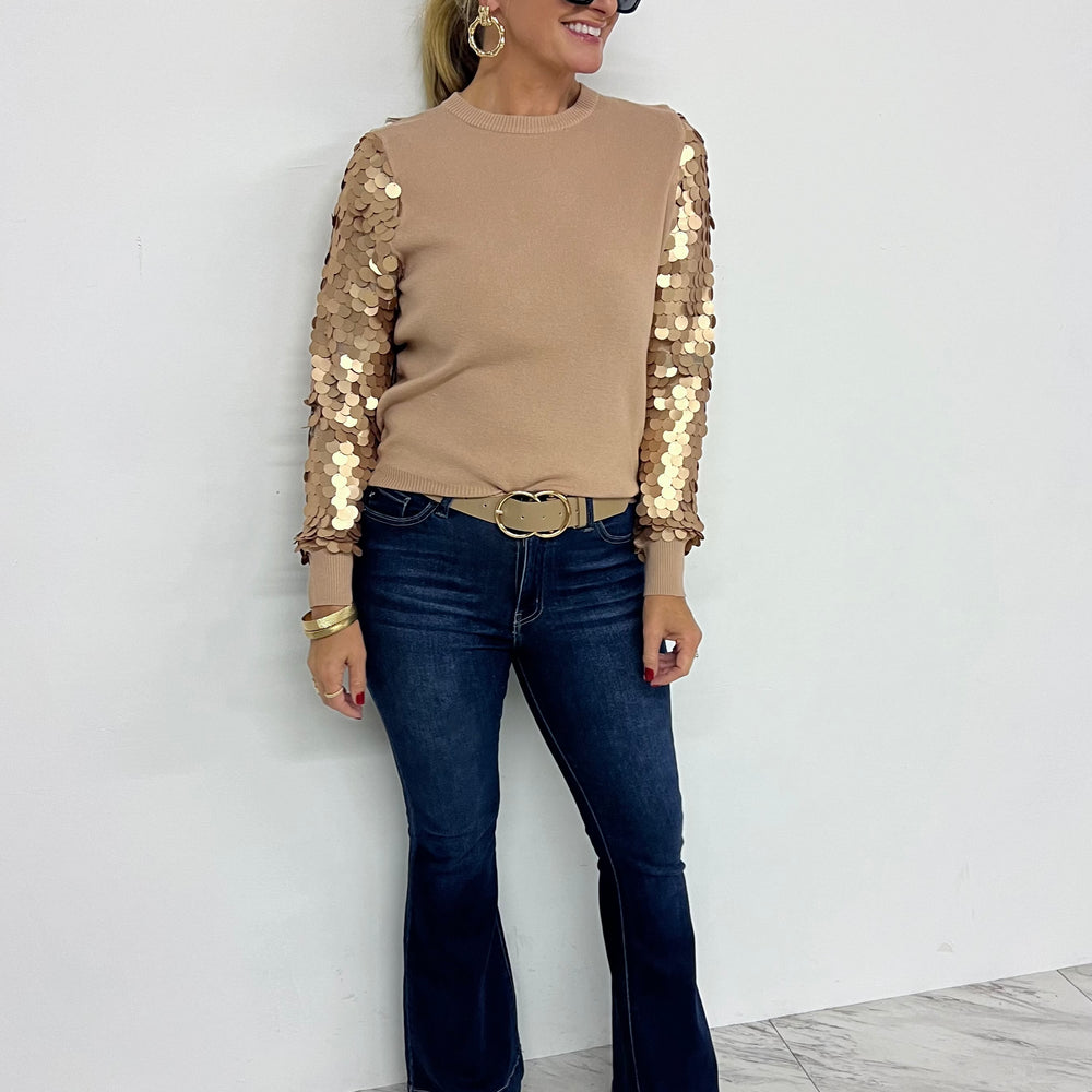 
                  
                    Spotlight Sequin Sleeve Sweater (Mocha)
                  
                