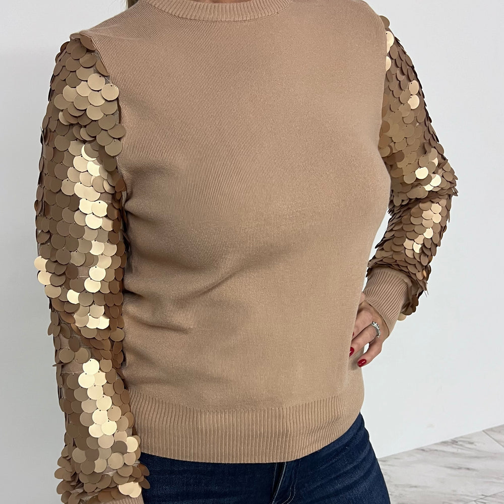 Spotlight Sequin Sleeve Sweater (Mocha)