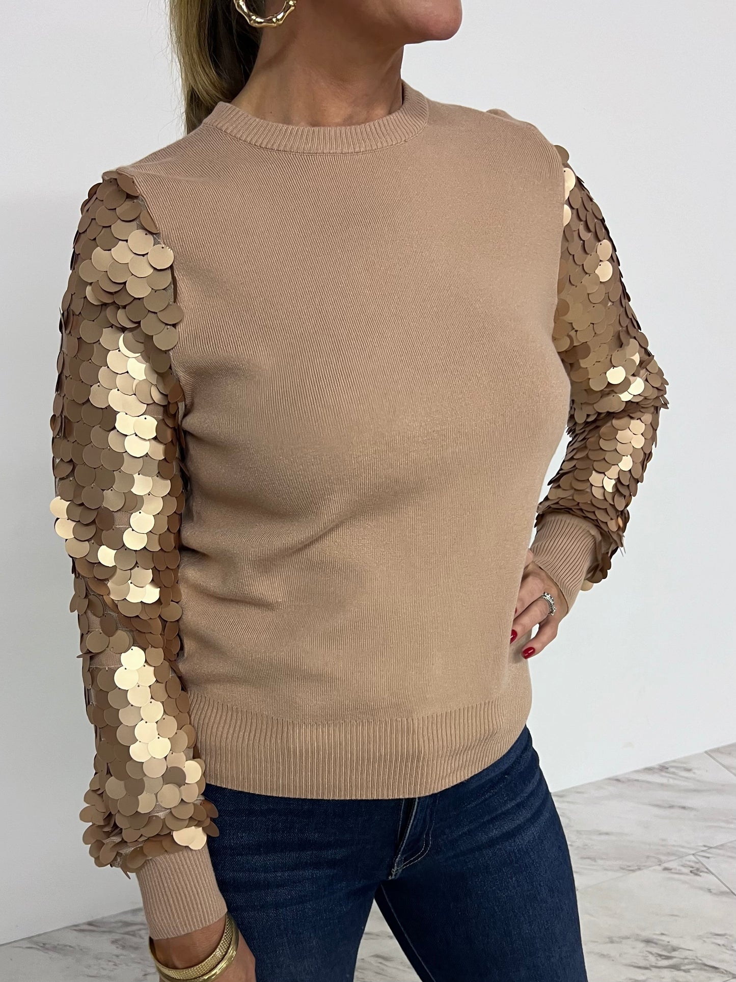 Spotlight Sequin Sleeve Sweater (Mocha)