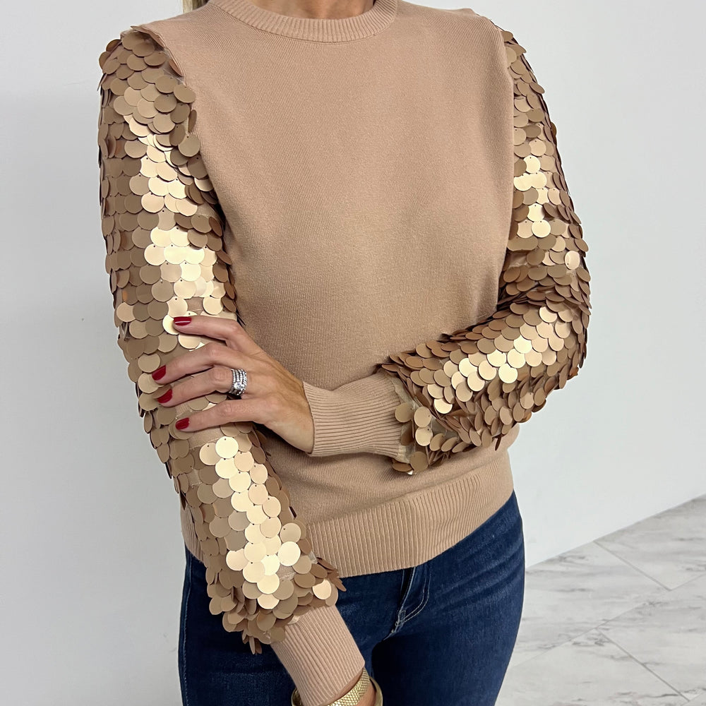 Spotlight Sequin Sleeve Sweater (Mocha)