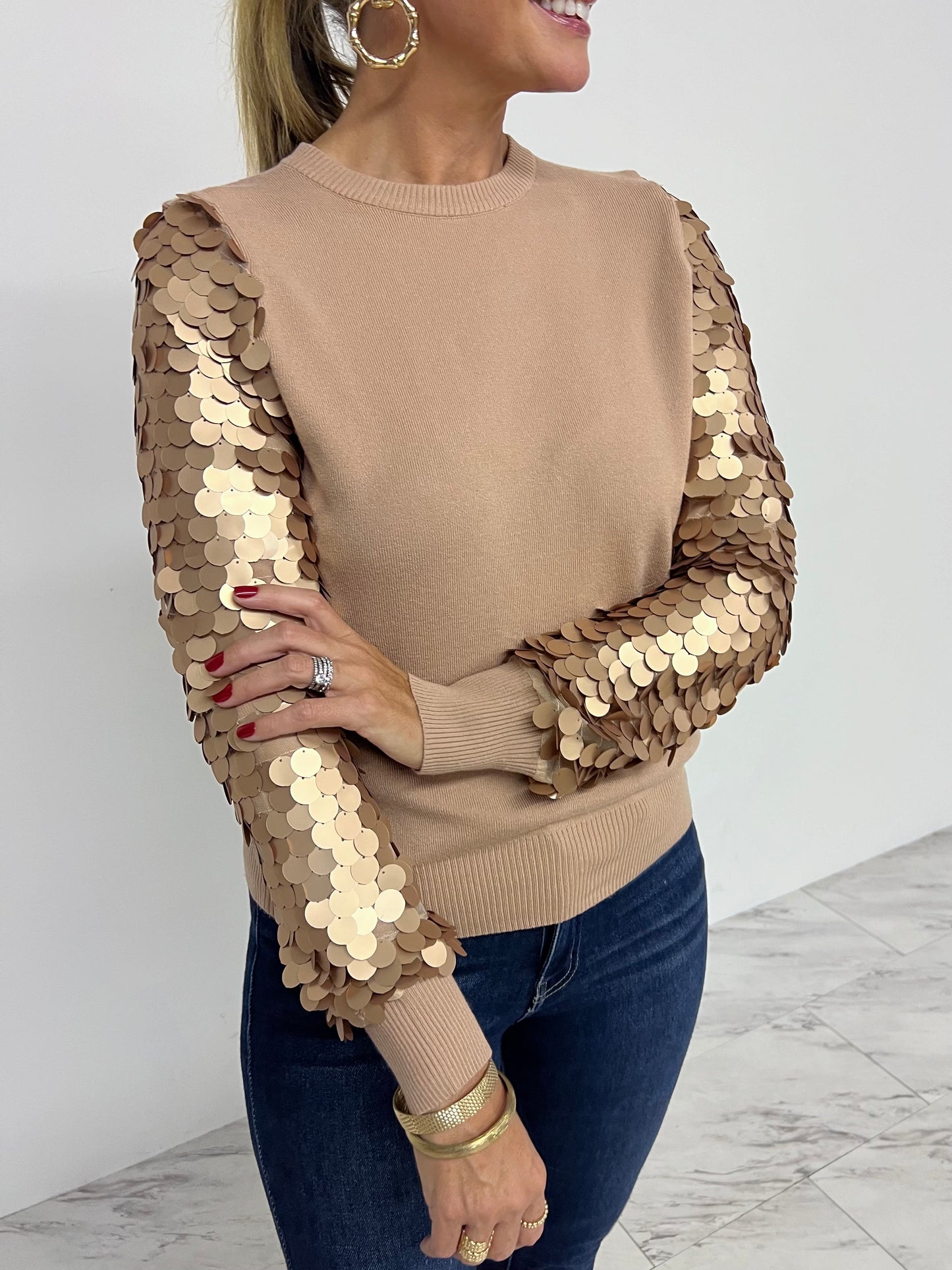 Spotlight Sequin Sleeve Sweater (Mocha)