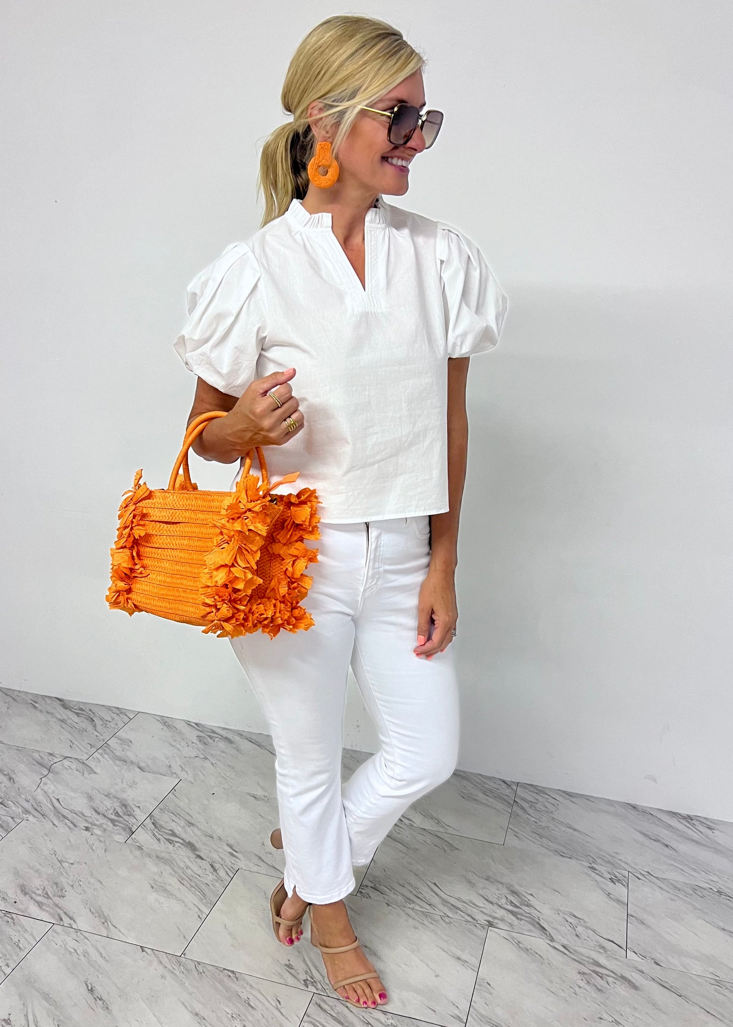 Saylor Woven V.Neck Top (White) - FINAL SALE