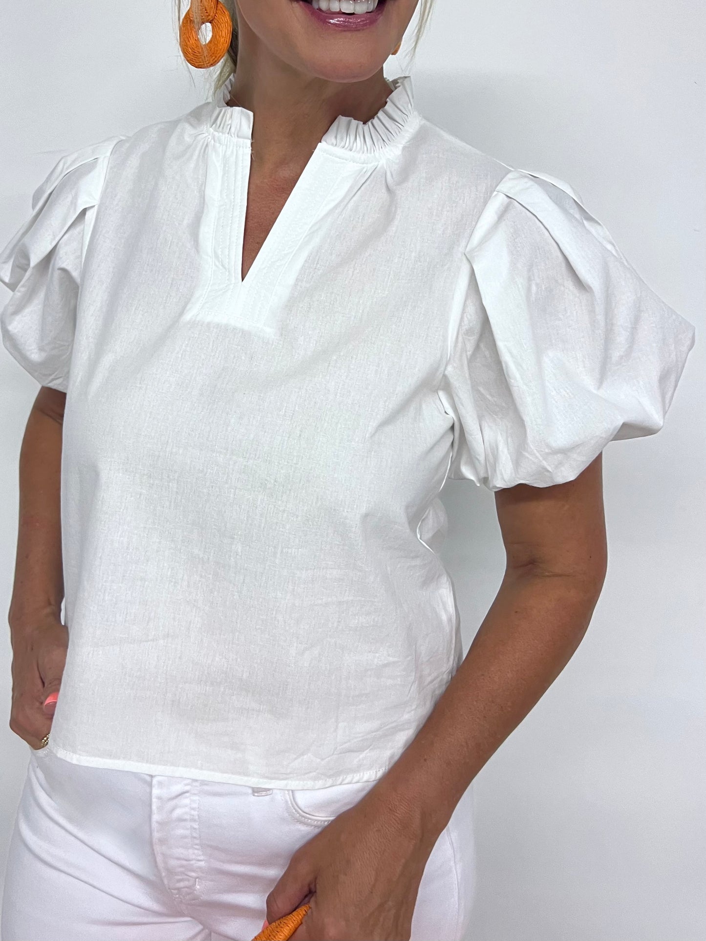 Saylor Woven V.Neck Top (White) - FINAL SALE