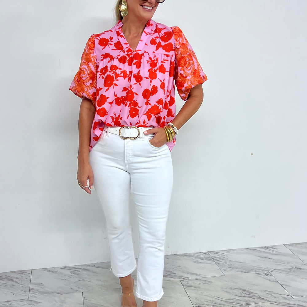 Karlie Pink Mix Embroidered Sleeve Top