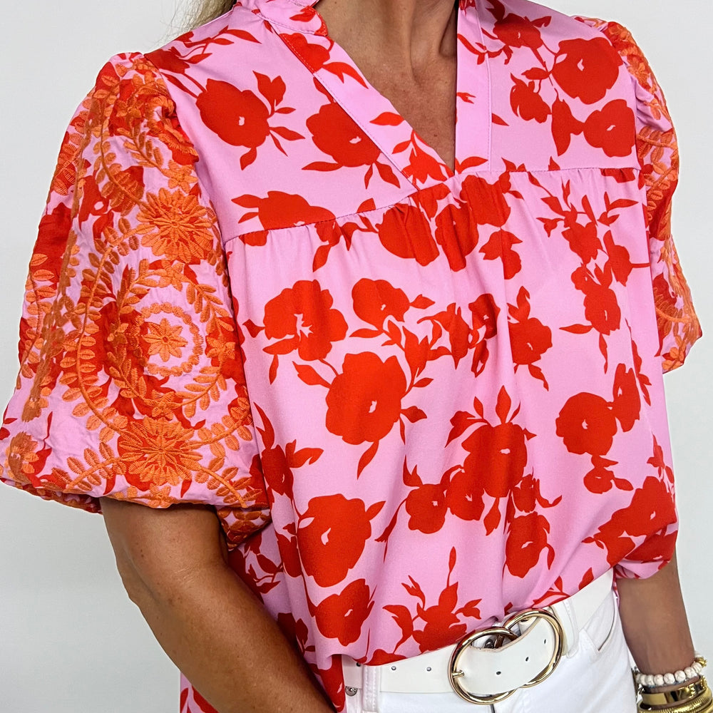 
                  
                    Karlie Pink Mix Embroidered Sleeve Top
                  
                