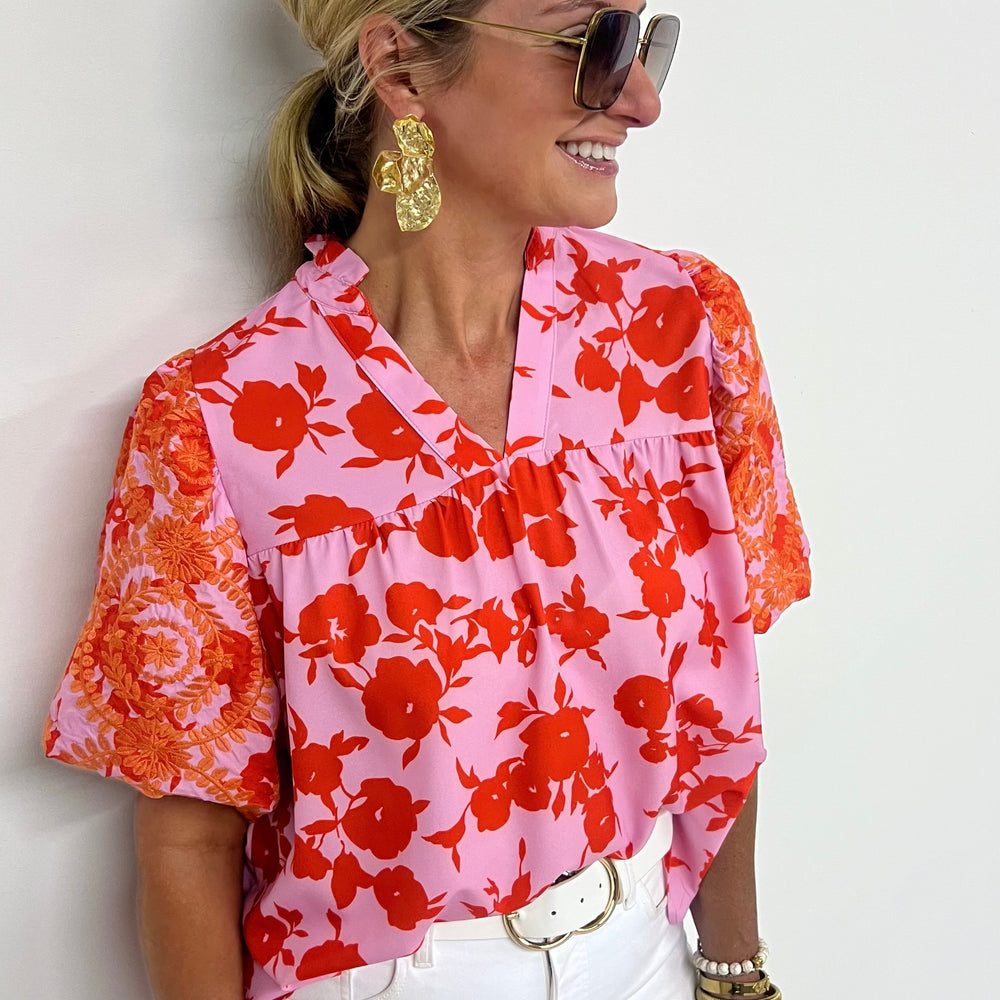 Karlie Pink Mix Embroidered Sleeve Top