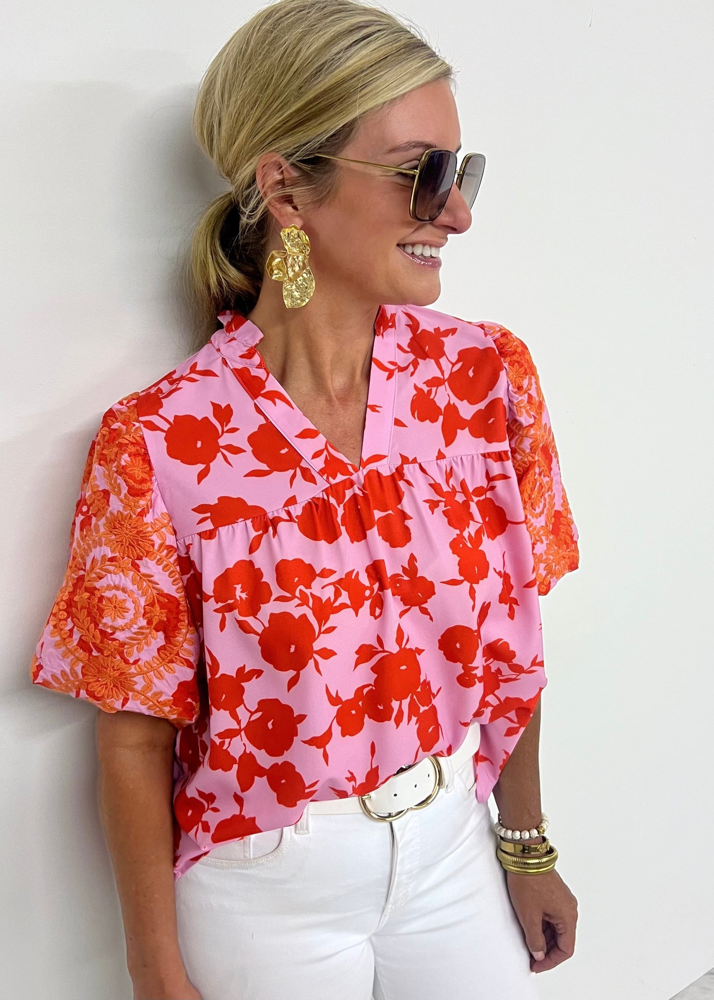 Karlie Pink Mix Embroidered Sleeve Top