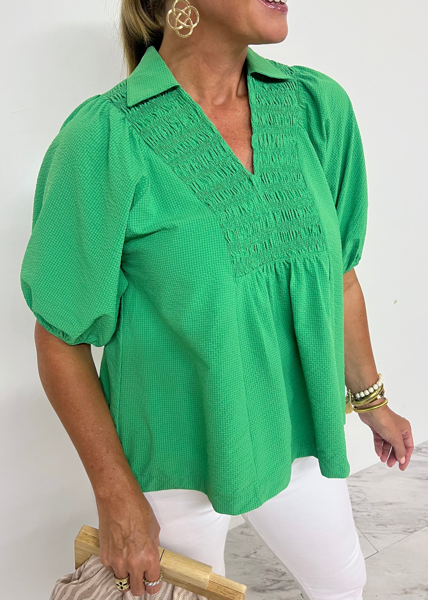 Serena Green Smocked Top