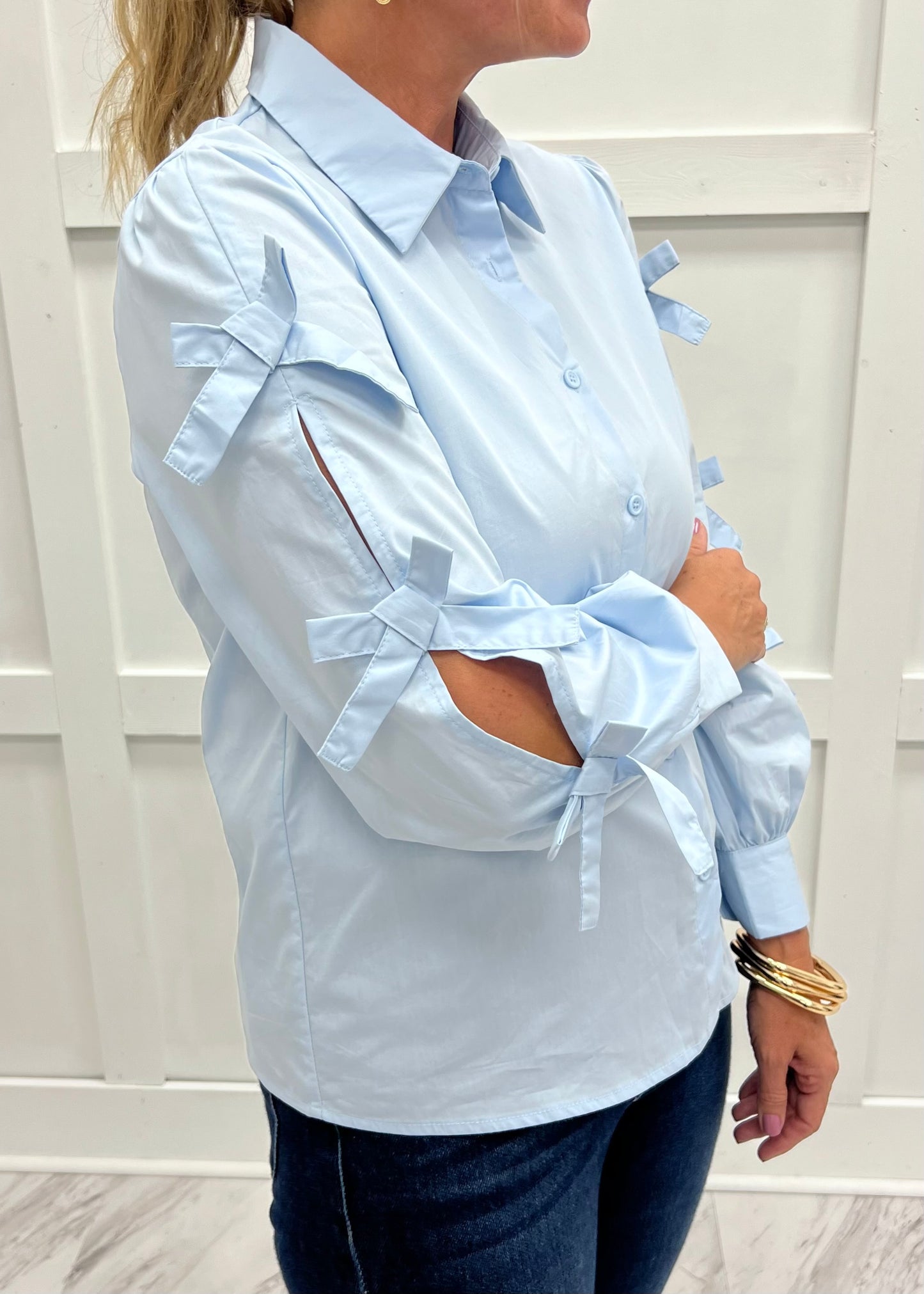 Oxford Bow Button Front Top (Blue)