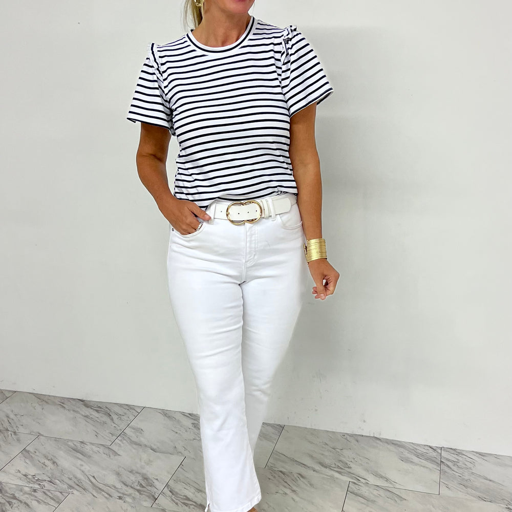 
                  
                    Savina Stripe + Ruffle Sleeve Top (Navy Stripe)
                  
                