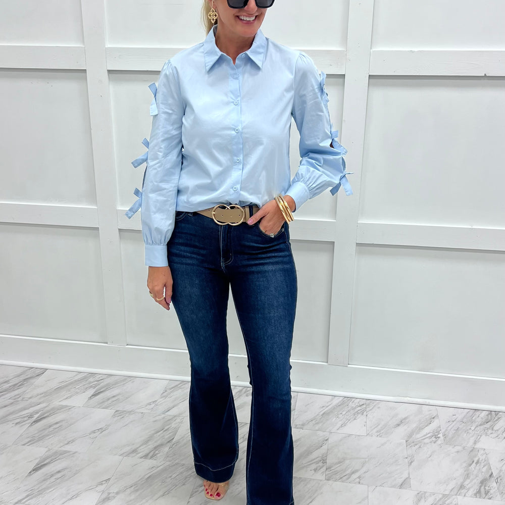 
                  
                    Oxford Bow Button Front Top (Blue)
                  
                