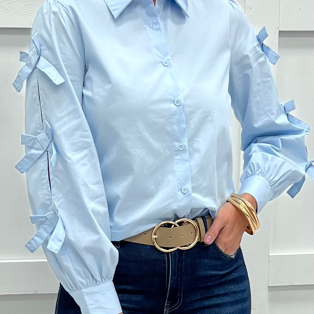 
                  
                    Oxford Bow Button Front Top (Blue)
                  
                