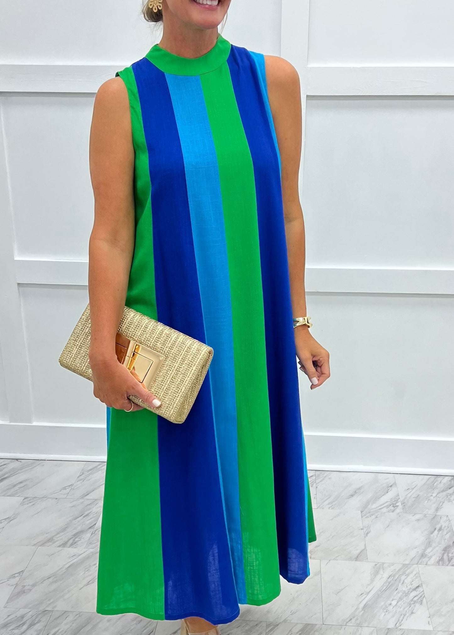 blue and green striped dress The Tatum Pin Tuck Striped Dress in Green + Blue Large