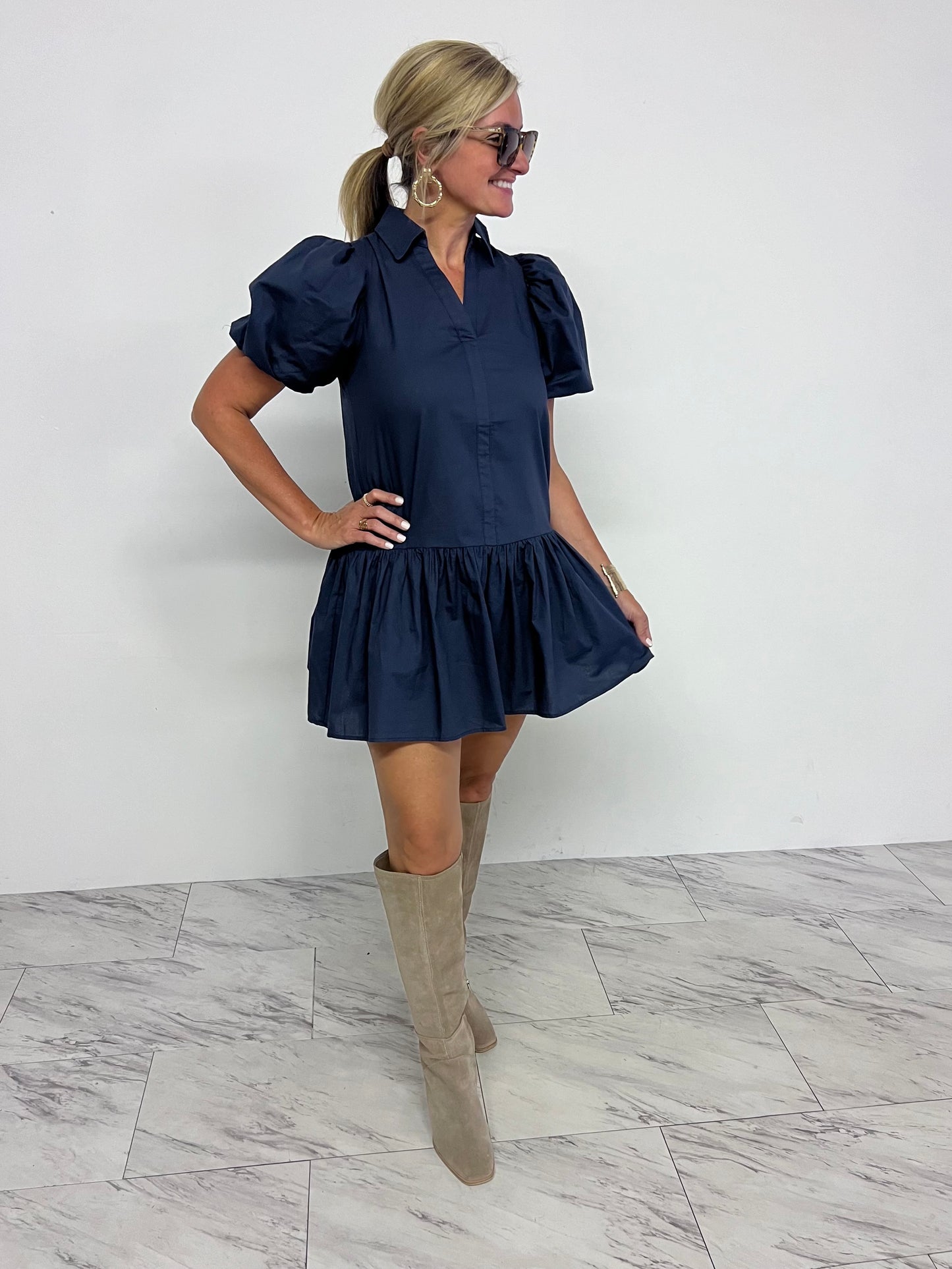 Stormy Blue Puff Sleeve Dress