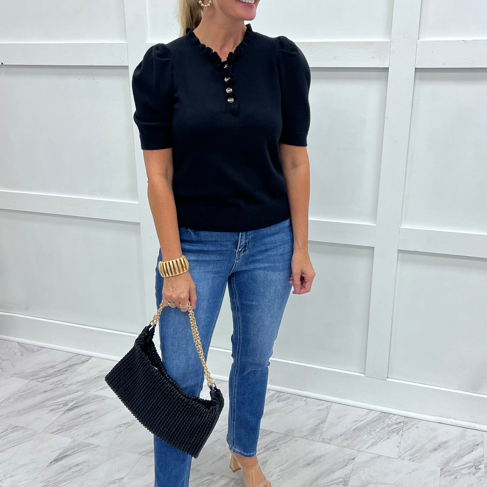 Abilene Button + Ruffle Sweater (Black)