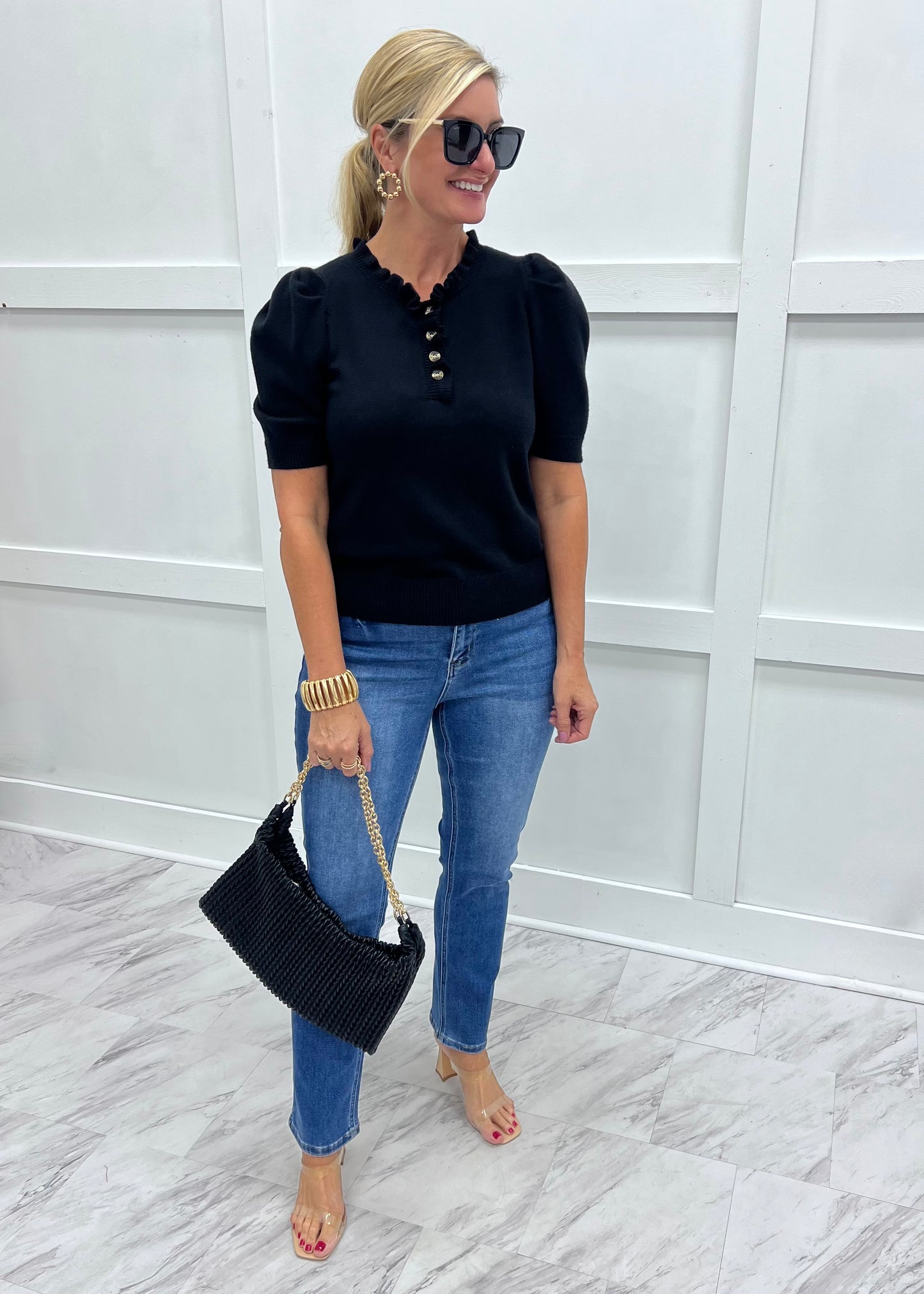 Abilene Button + Ruffle Sweater (Black)