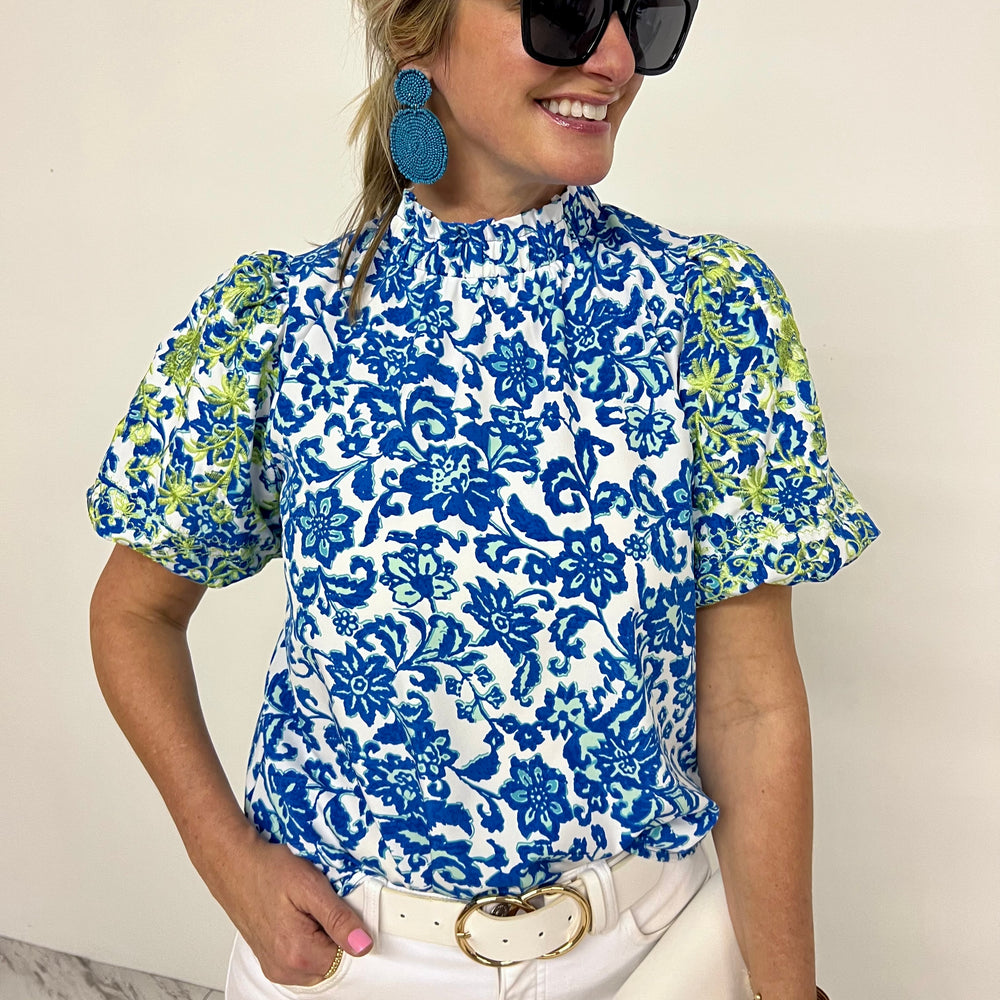 Blue Island Print + Embroidered Top