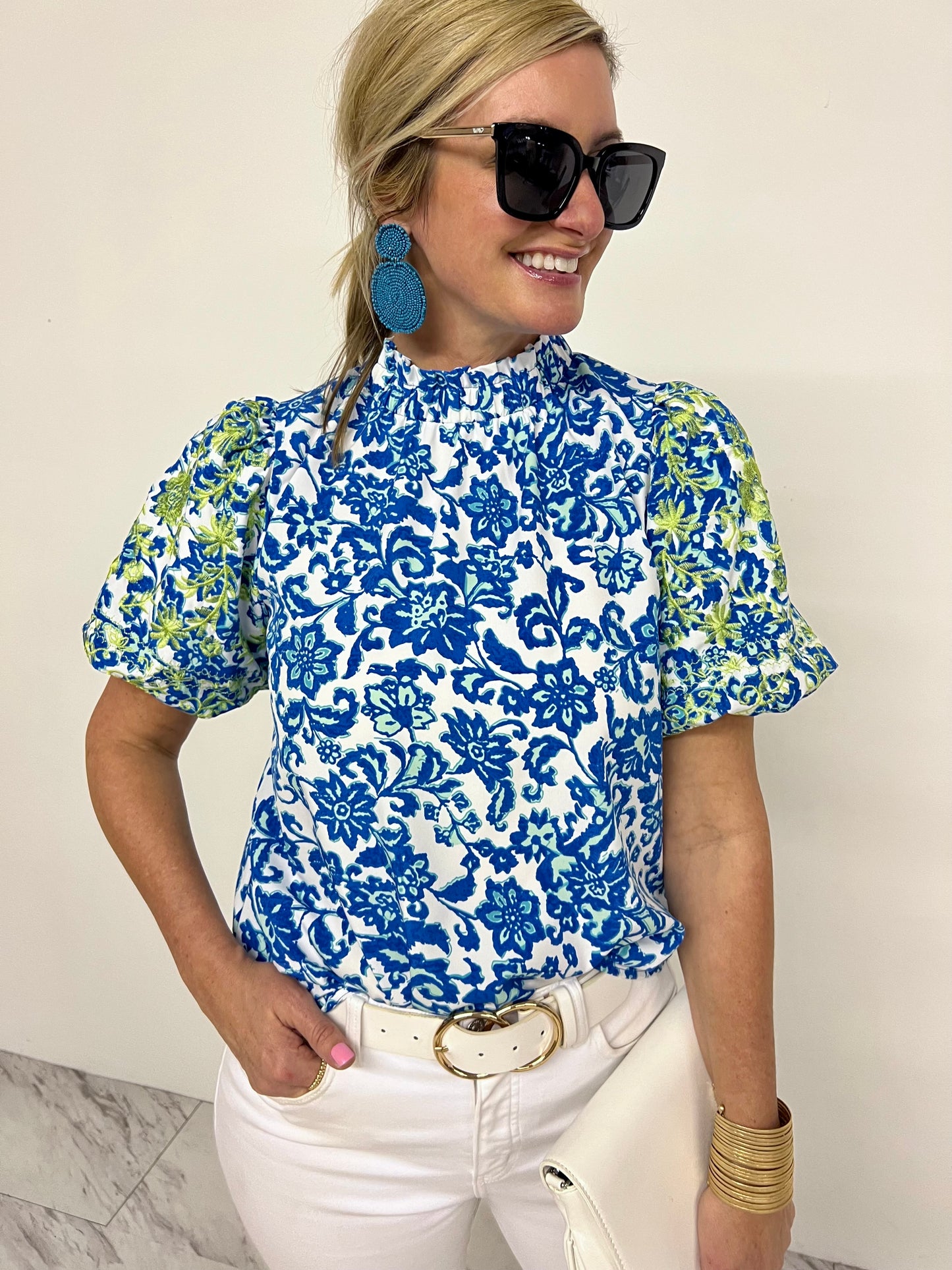 Blue Island Print + Embroidered Top