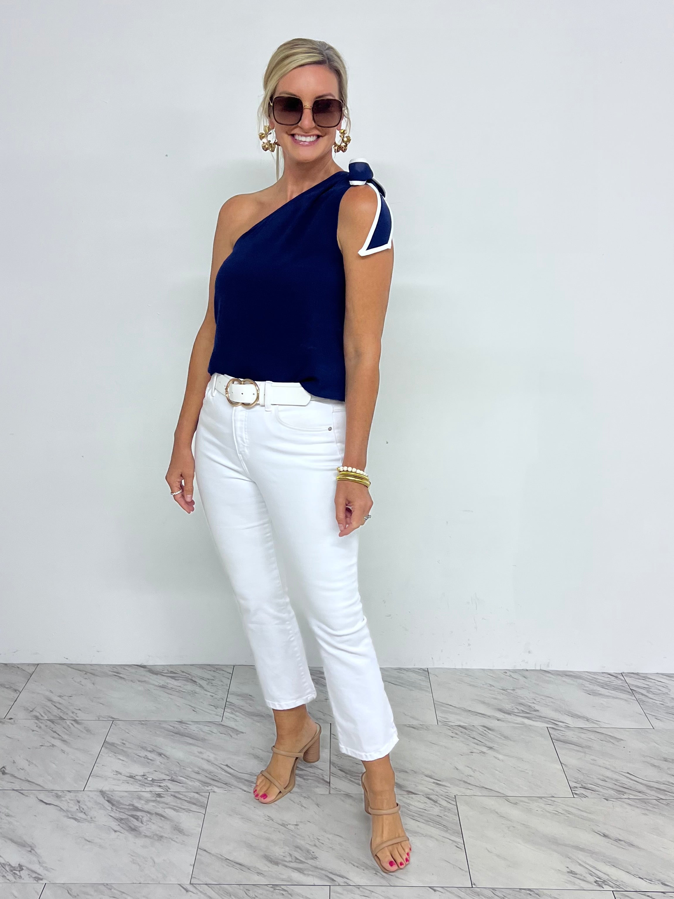 Nell Navy Blue Single Shoulder Top – shop chartreuse