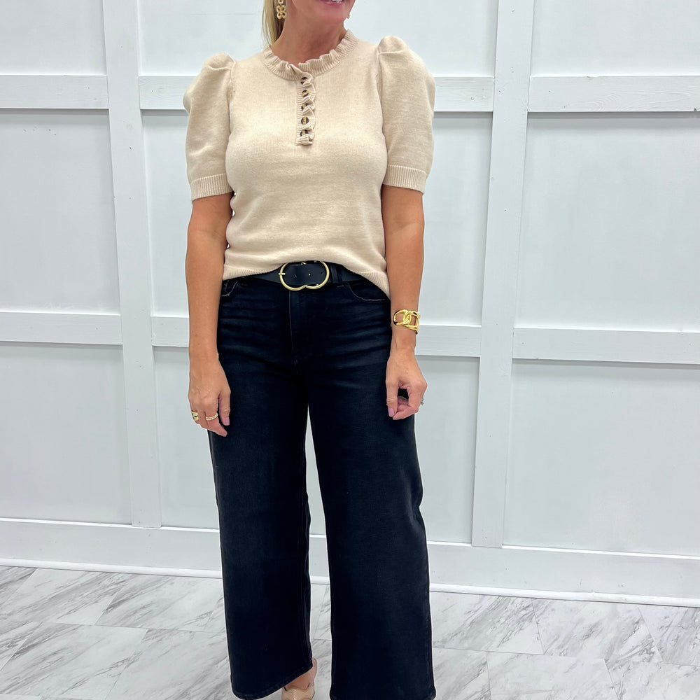 Abilene Button + Ruffle Sweater (Beige)