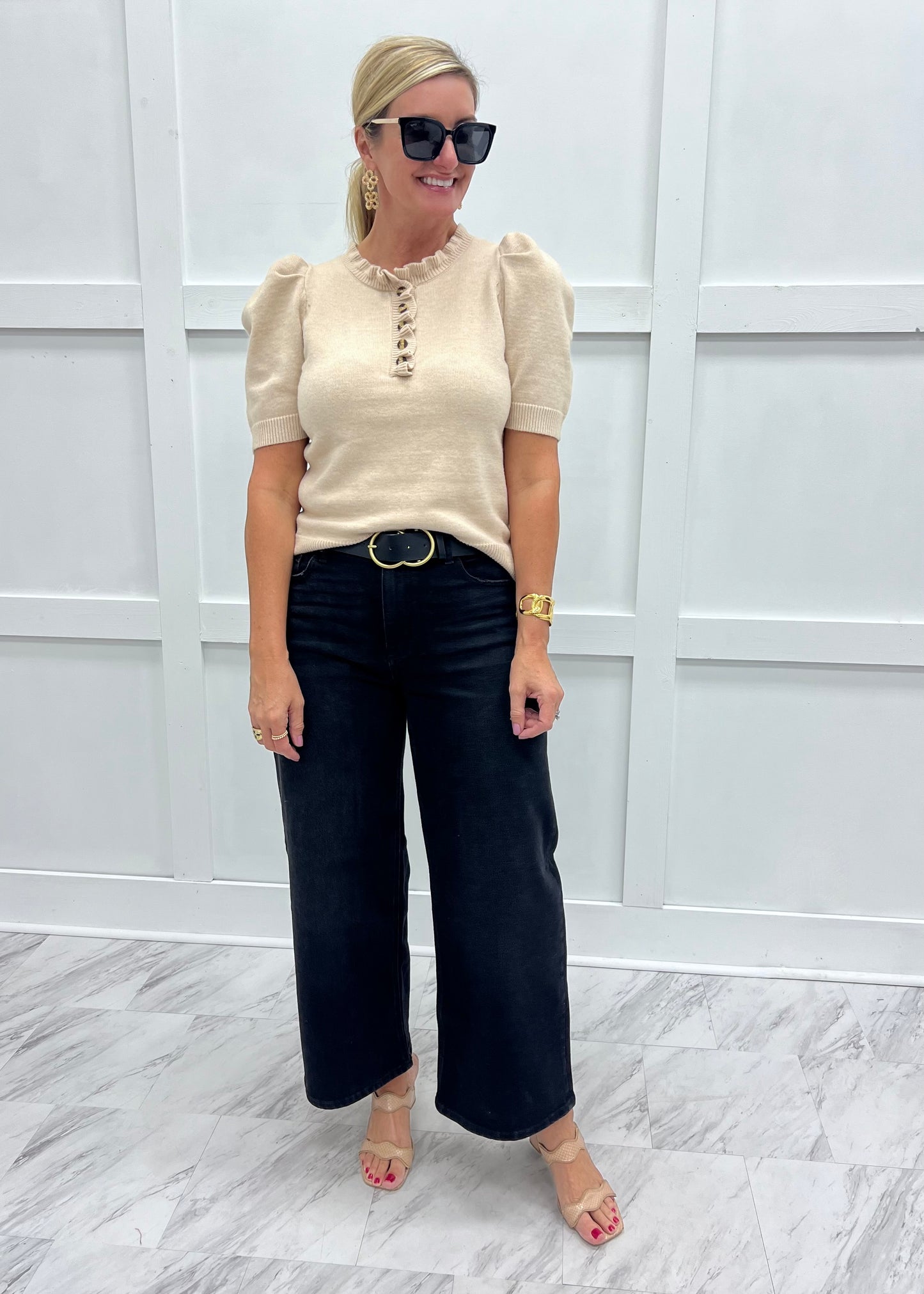 Abilene Button + Ruffle Sweater (Beige)