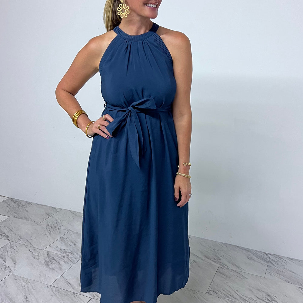 Natalie Navy Pleat Midi Dress- FINAL SALE