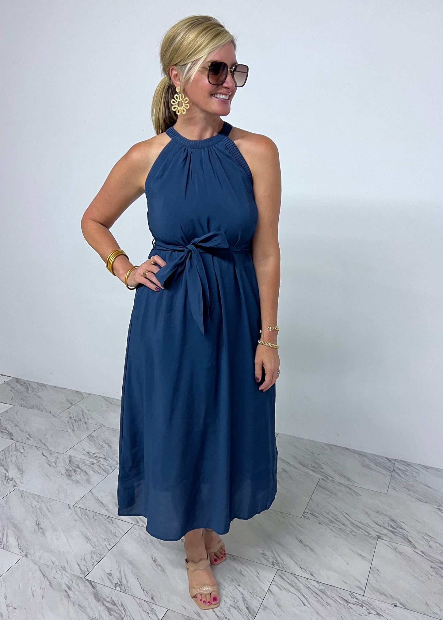 Natalie Navy Pleat Midi Dress- FINAL SALE