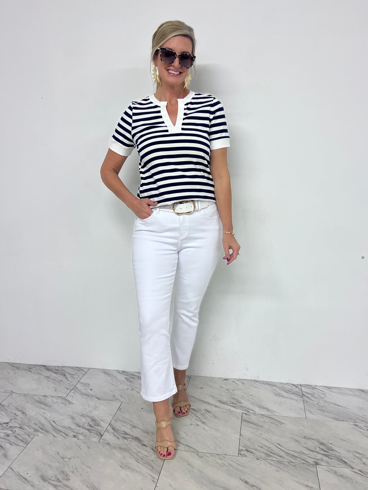 Shelby Stripe V.Neck Top (Navy)