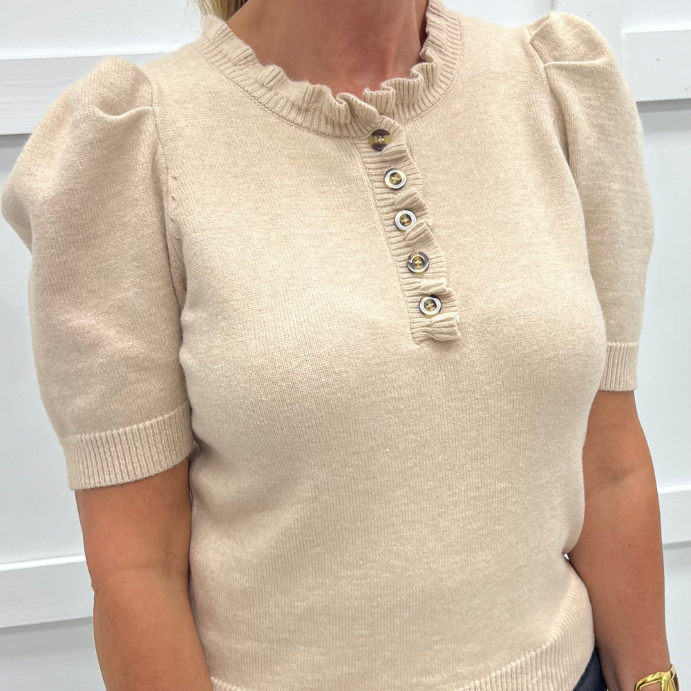 Abilene Button + Ruffle Sweater (Beige)