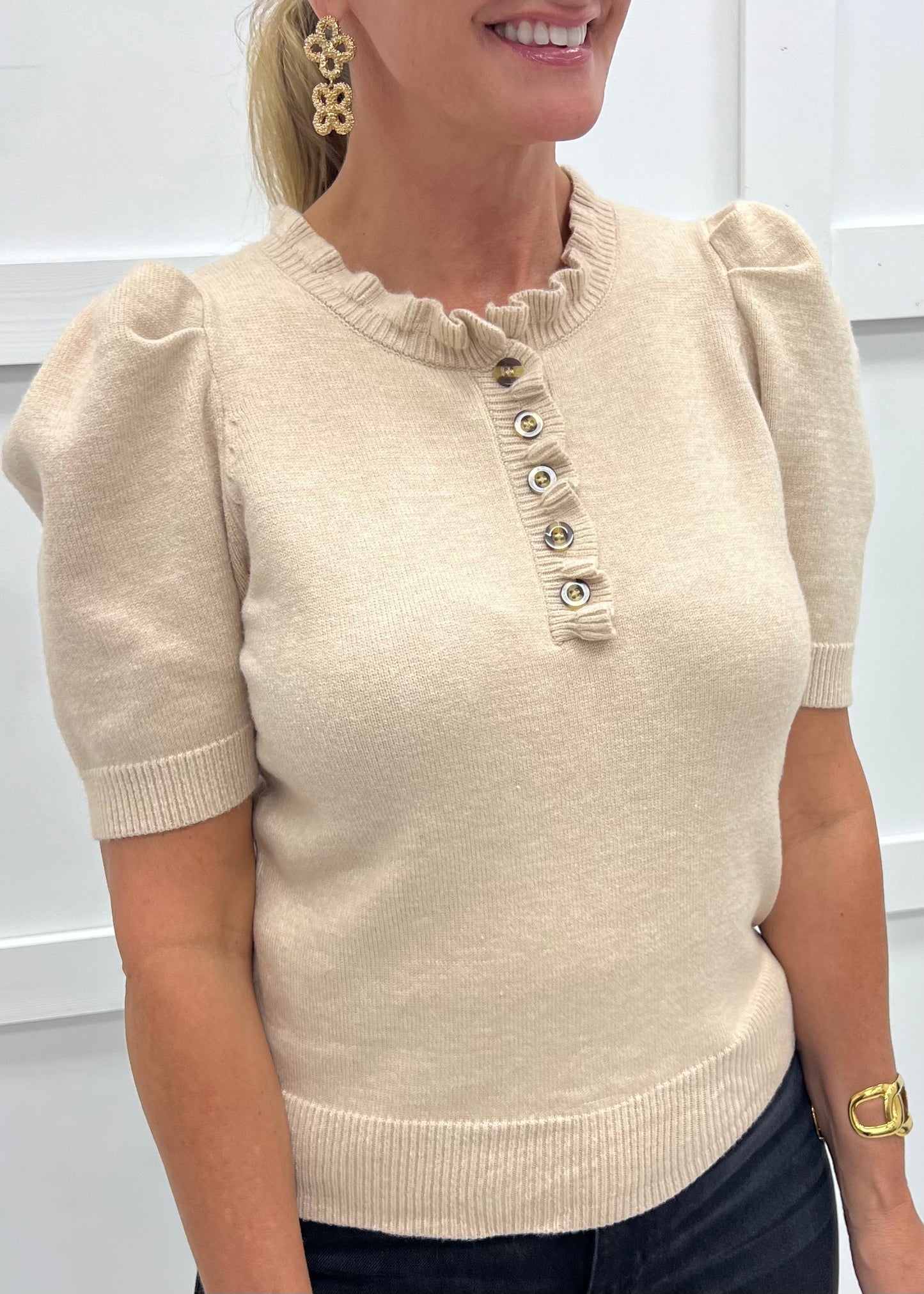 Abilene Button + Ruffle Sweater (Beige)