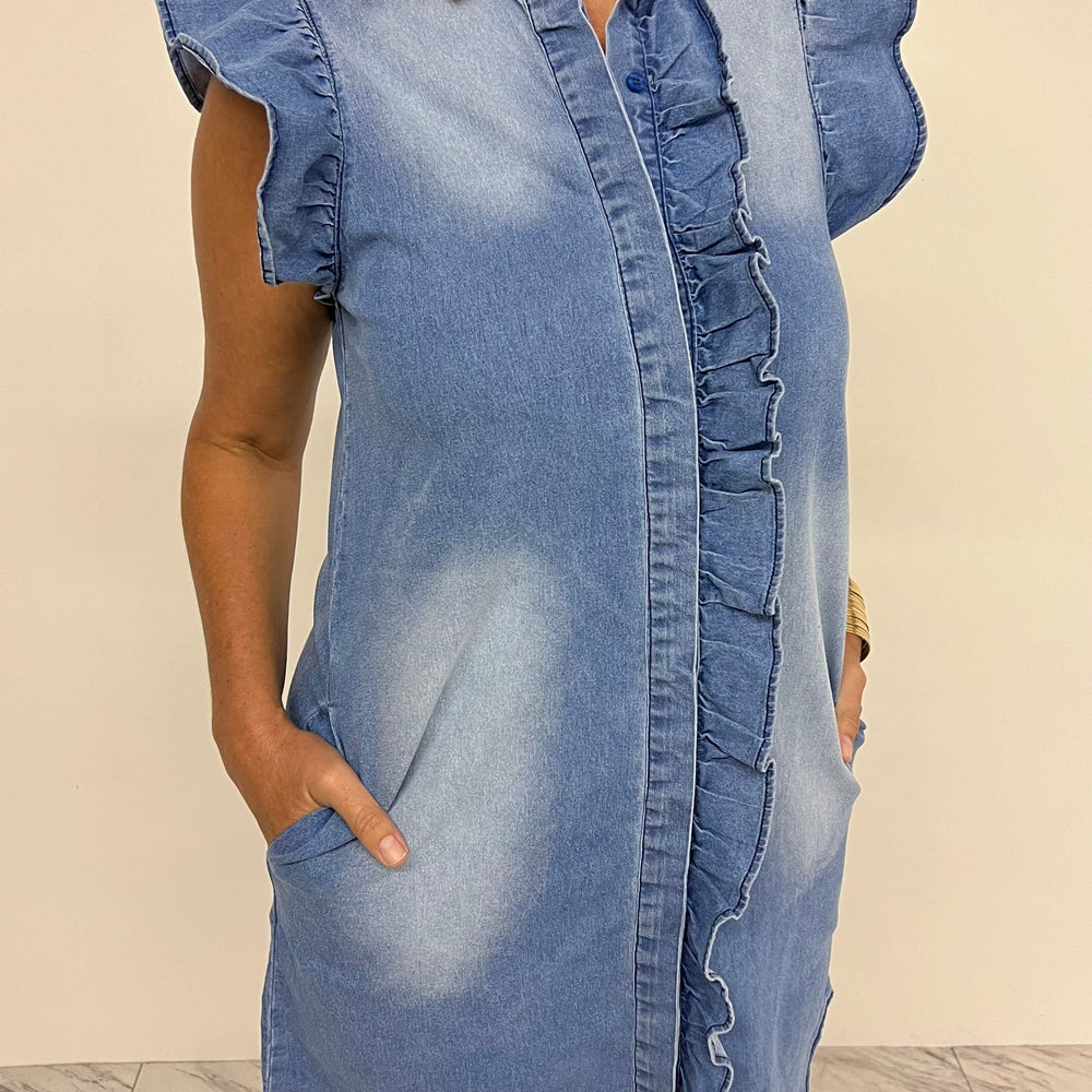 
                      
                        Montana Ruffle Front Denim Dress
                      
                    