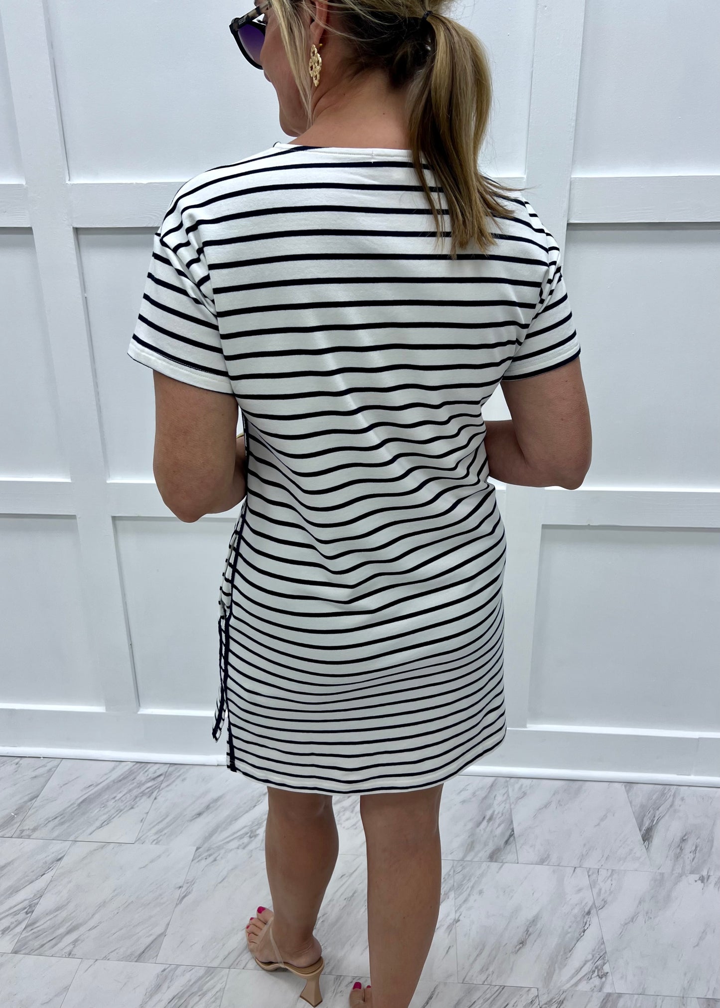 CeCe Striped Dress (Navy Blue)-FINAL SALE shop chartreuse CeCe Striped Dress (Navy Blue)-FINAL SALE shop chartreuse