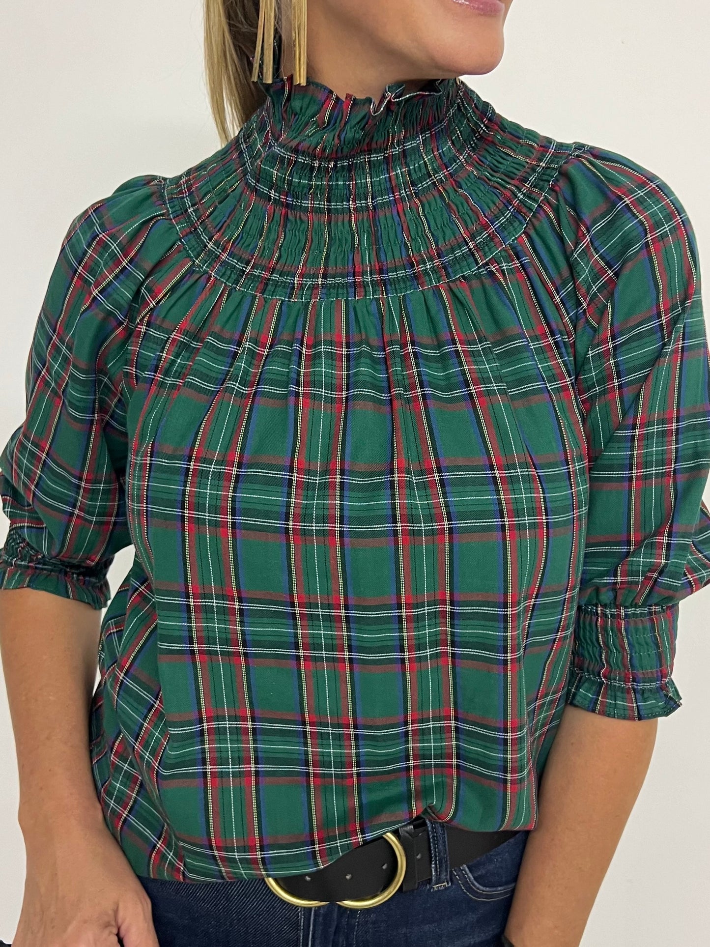 Deck The Halls Smocked Plaid Top (green)-FINAL SALE