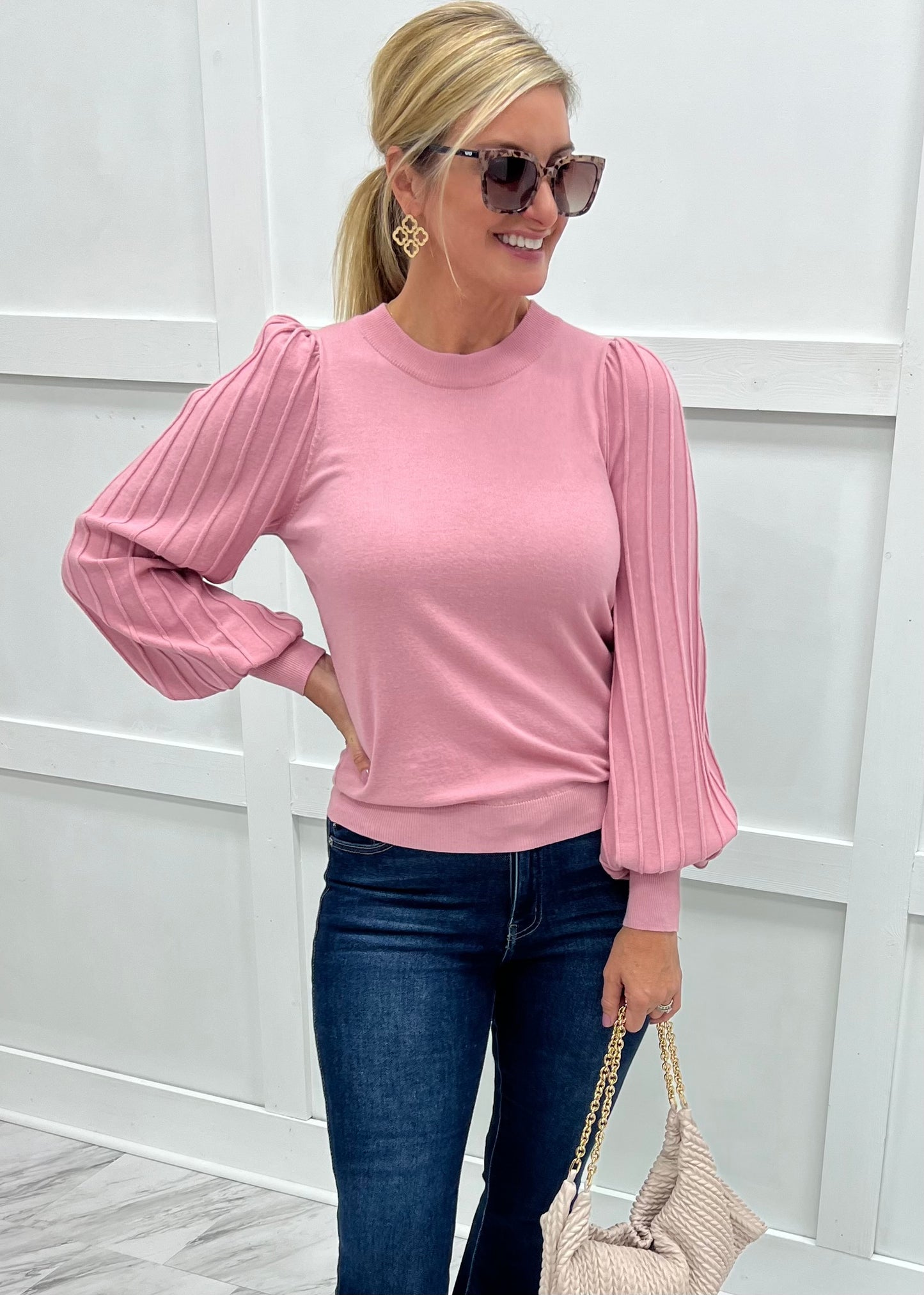 Verona Pleat Sleeve Sweater (Blush)