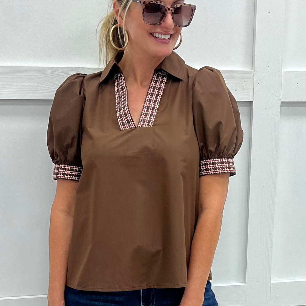 Everly Brown Plaid Detail Top