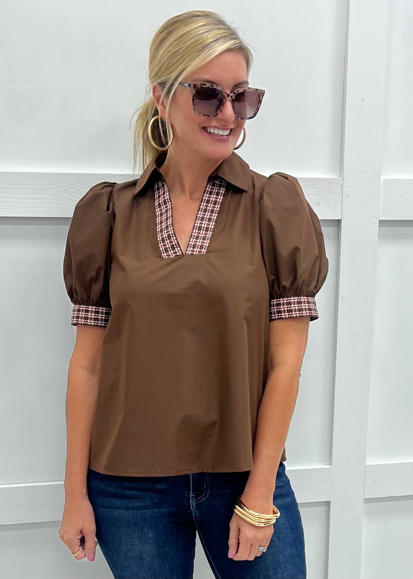 Everly Brown Plaid Detail Top
