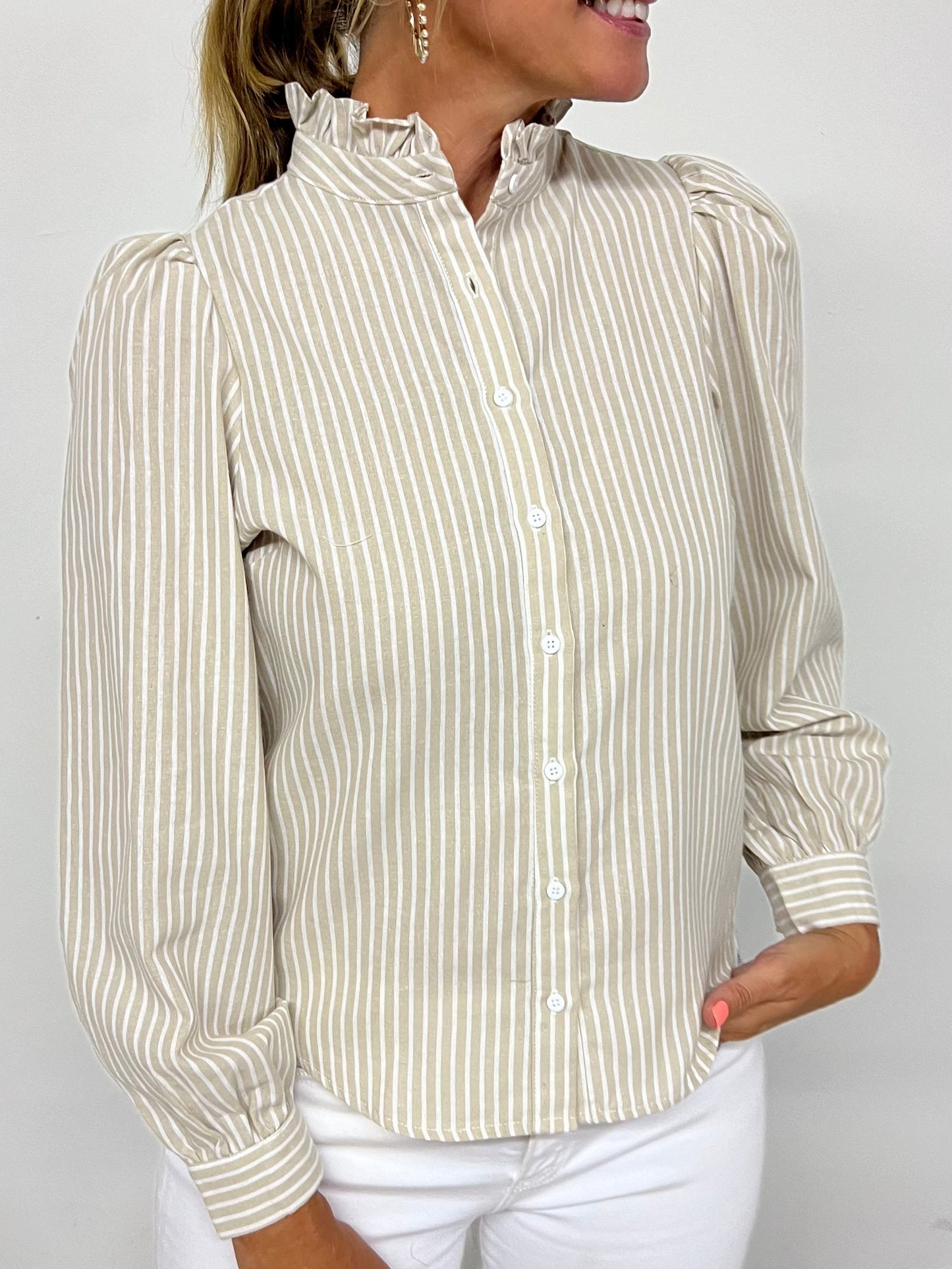 Elanor Striped Button Front Top (Oatmeal) - FINAL SALE