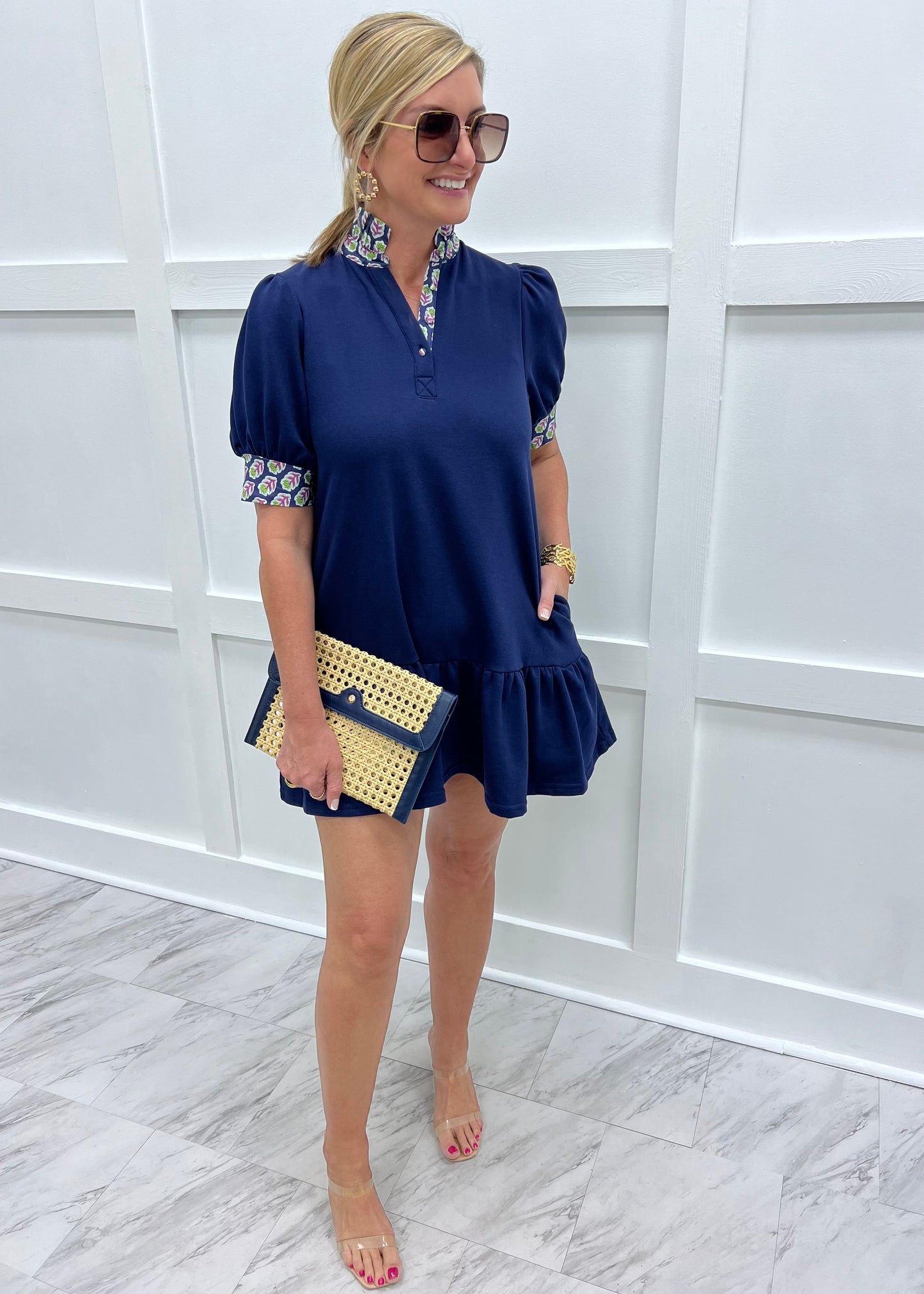 Charleston Flower Collar Dress (Navy)-FINAL SALE shop chartreuse Charleston Flower Collar Dress (Navy)-FINAL SALE shop chartreuse