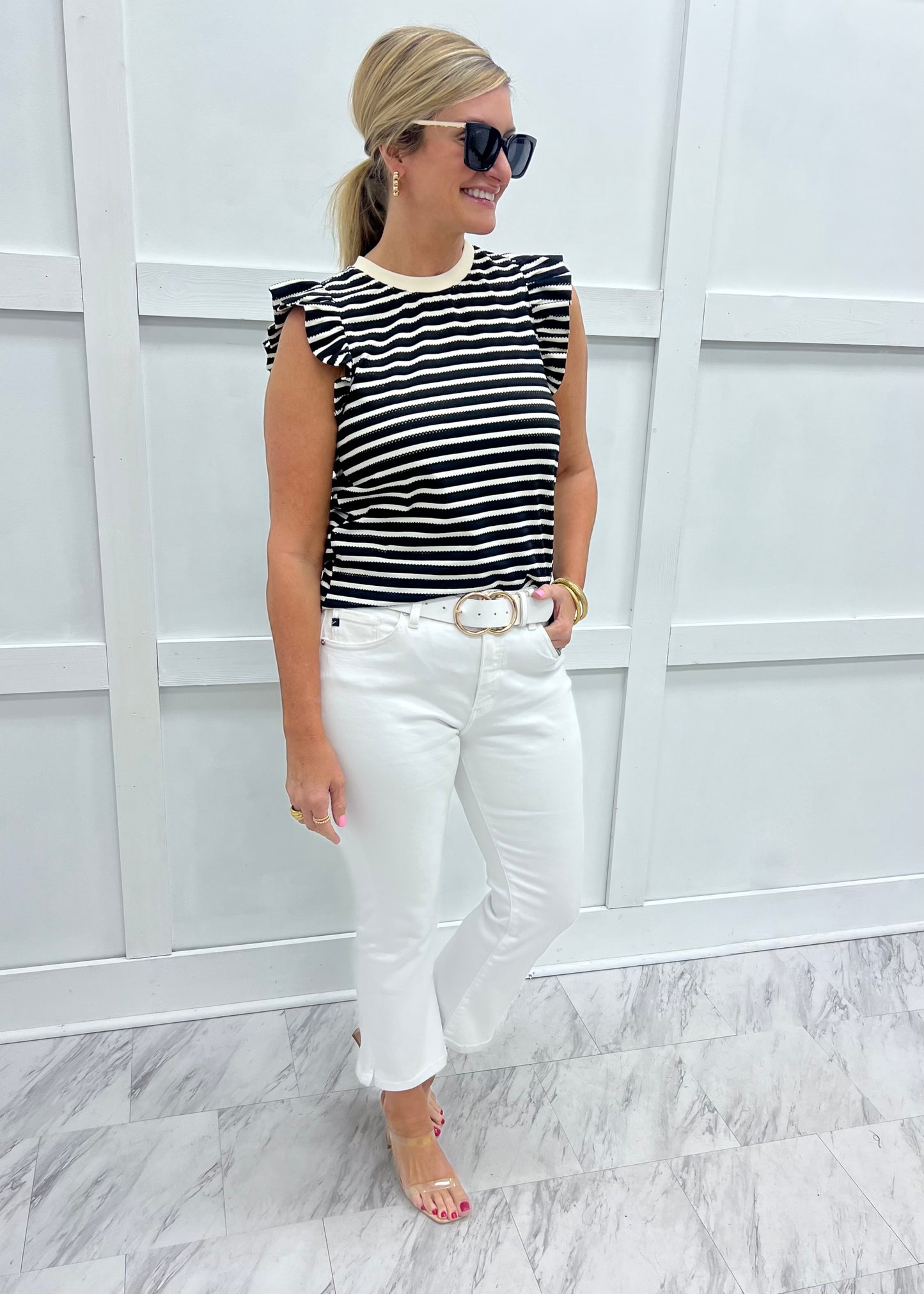 Sadie Stripe Flutter Sleeve Top (Black)