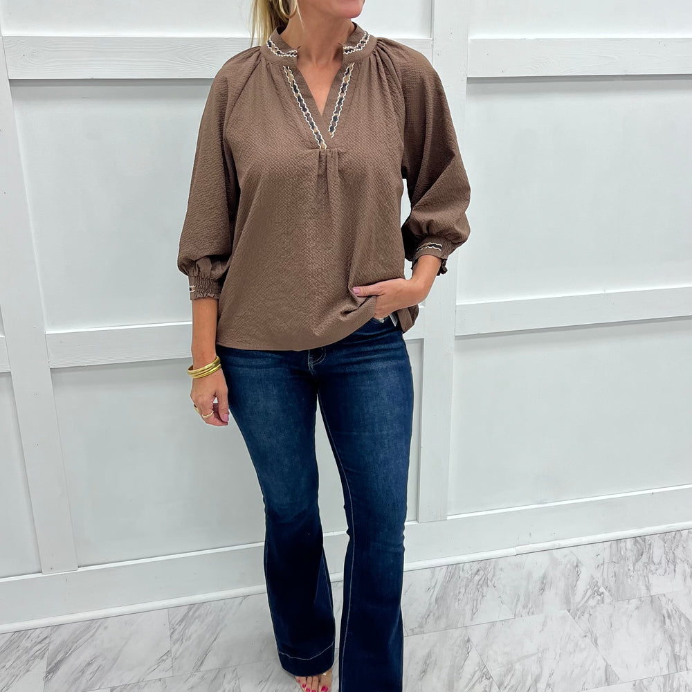 
                  
                    Wild At Heart Leopard Trim Top (Brown)
                  
                