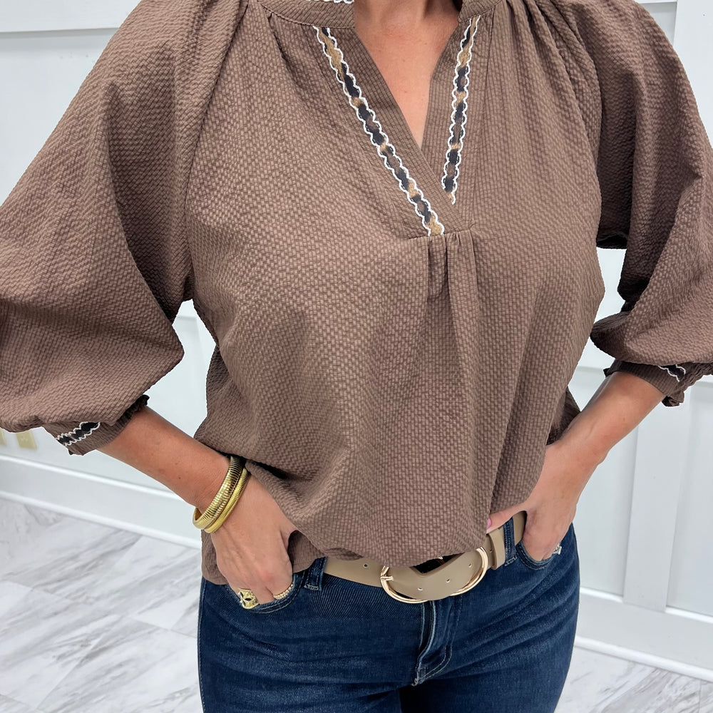 
                  
                    Wild At Heart Leopard Trim Top (Brown)
                  
                