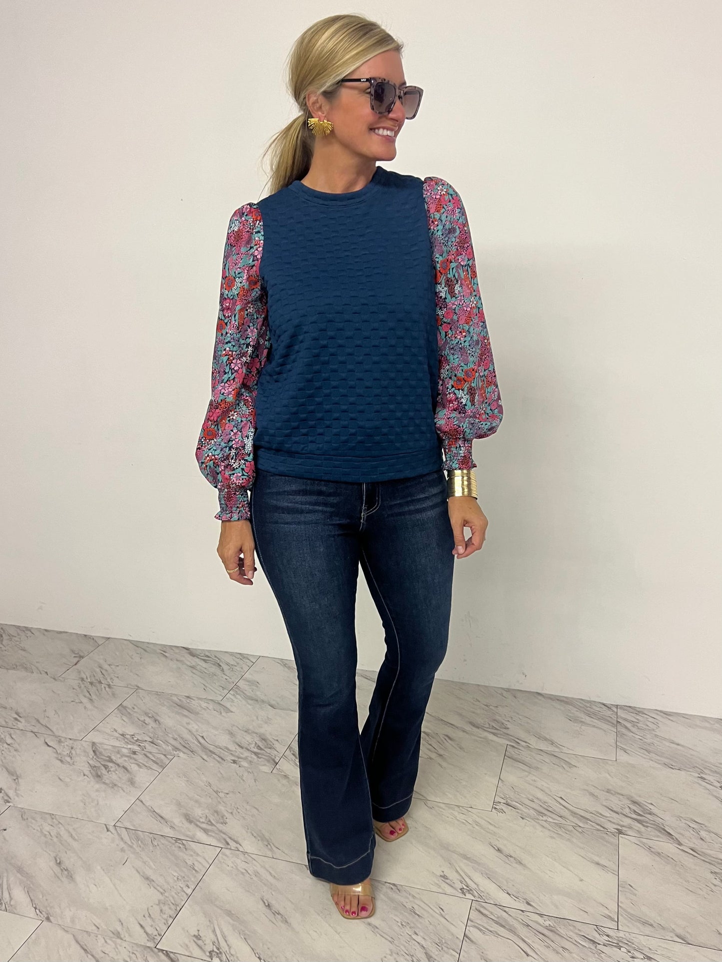 When I'm With You Textured + Floral Sleeve Top-FINAL SALE