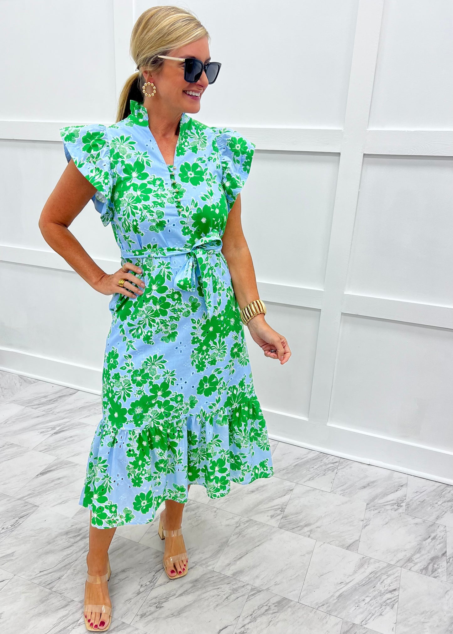 green eyelet midi dress Green Twist Front Cutout Puff Sleeve Eyelet Midi Dress
