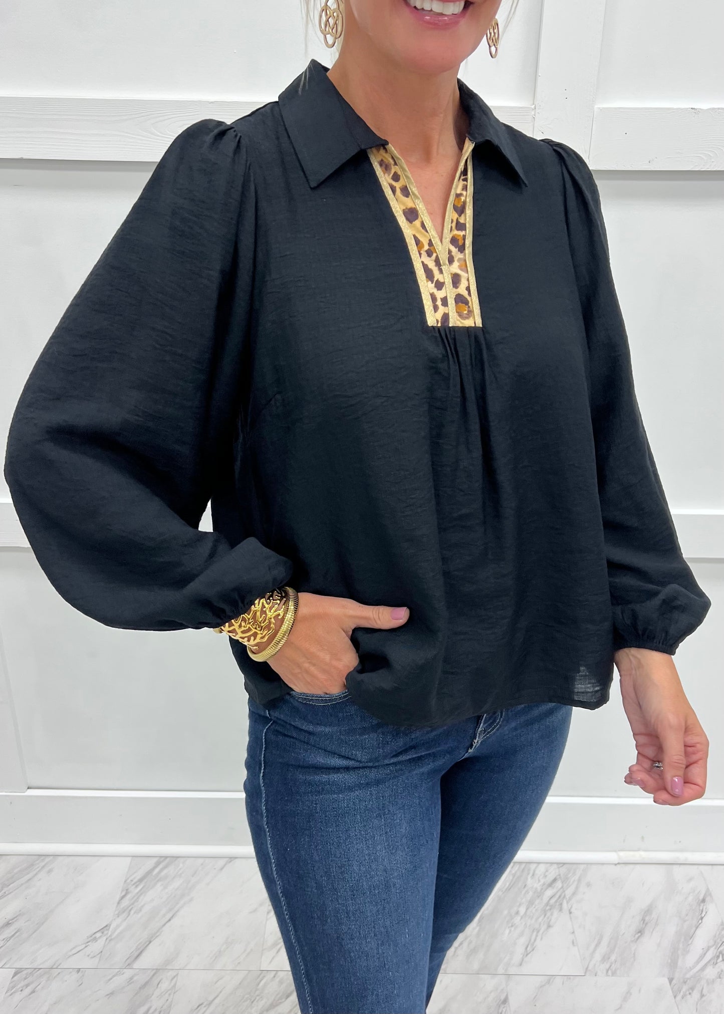 Lennox Leopard Detail Top (Black)