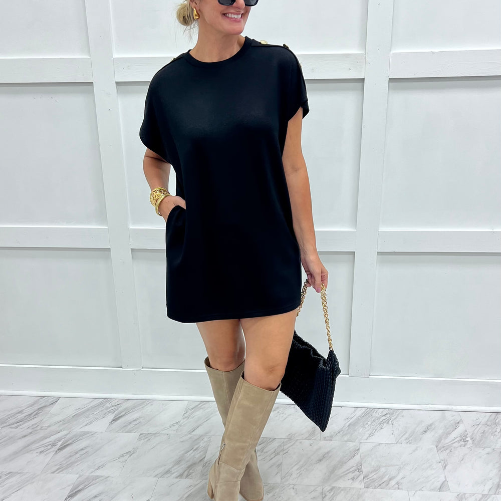 
                  
                    Essential Black Button Shoulder Dress
                  
                