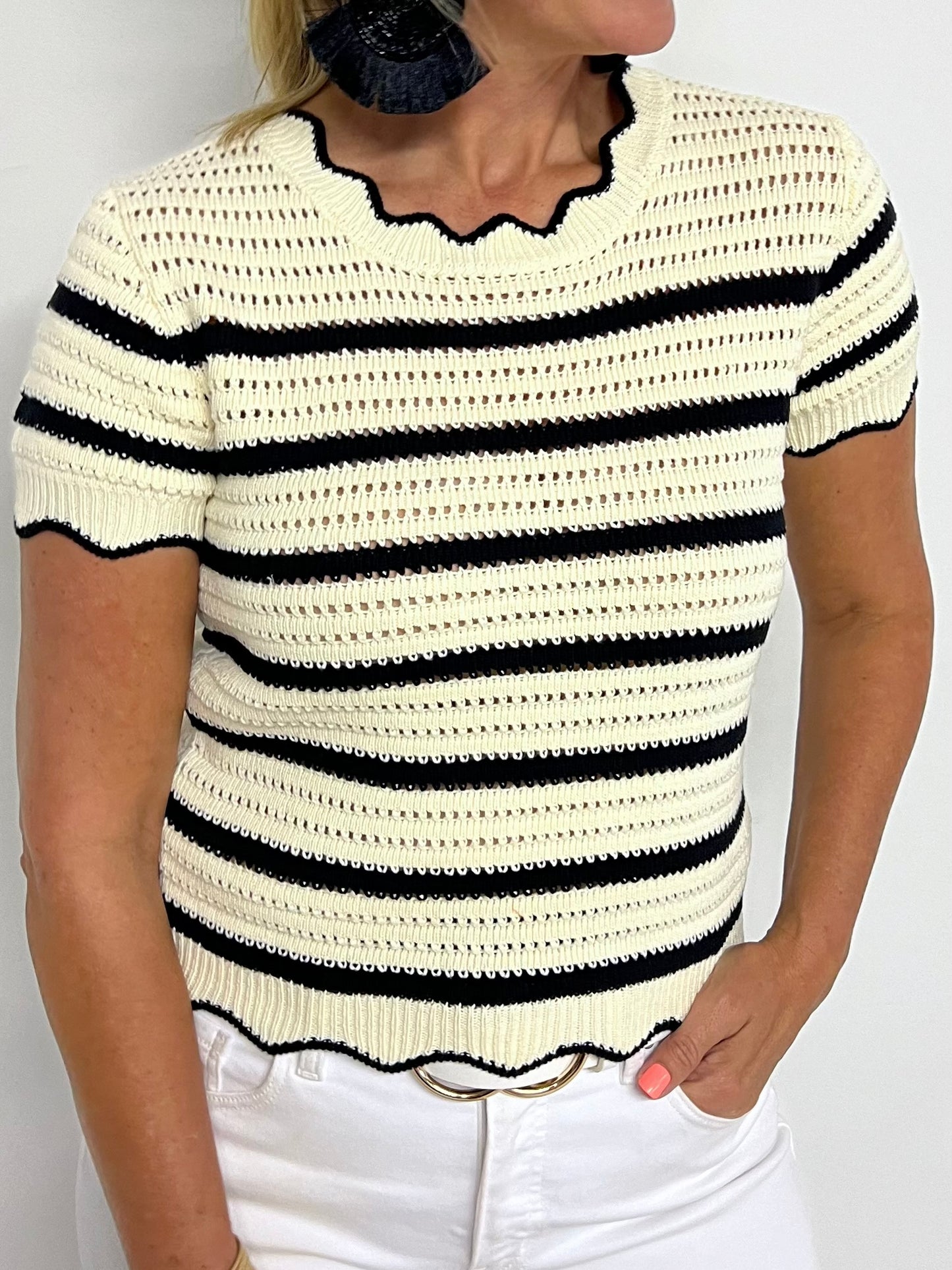 Sadie Stripe Short Sleeve Sweater (black) - FINAL SALE