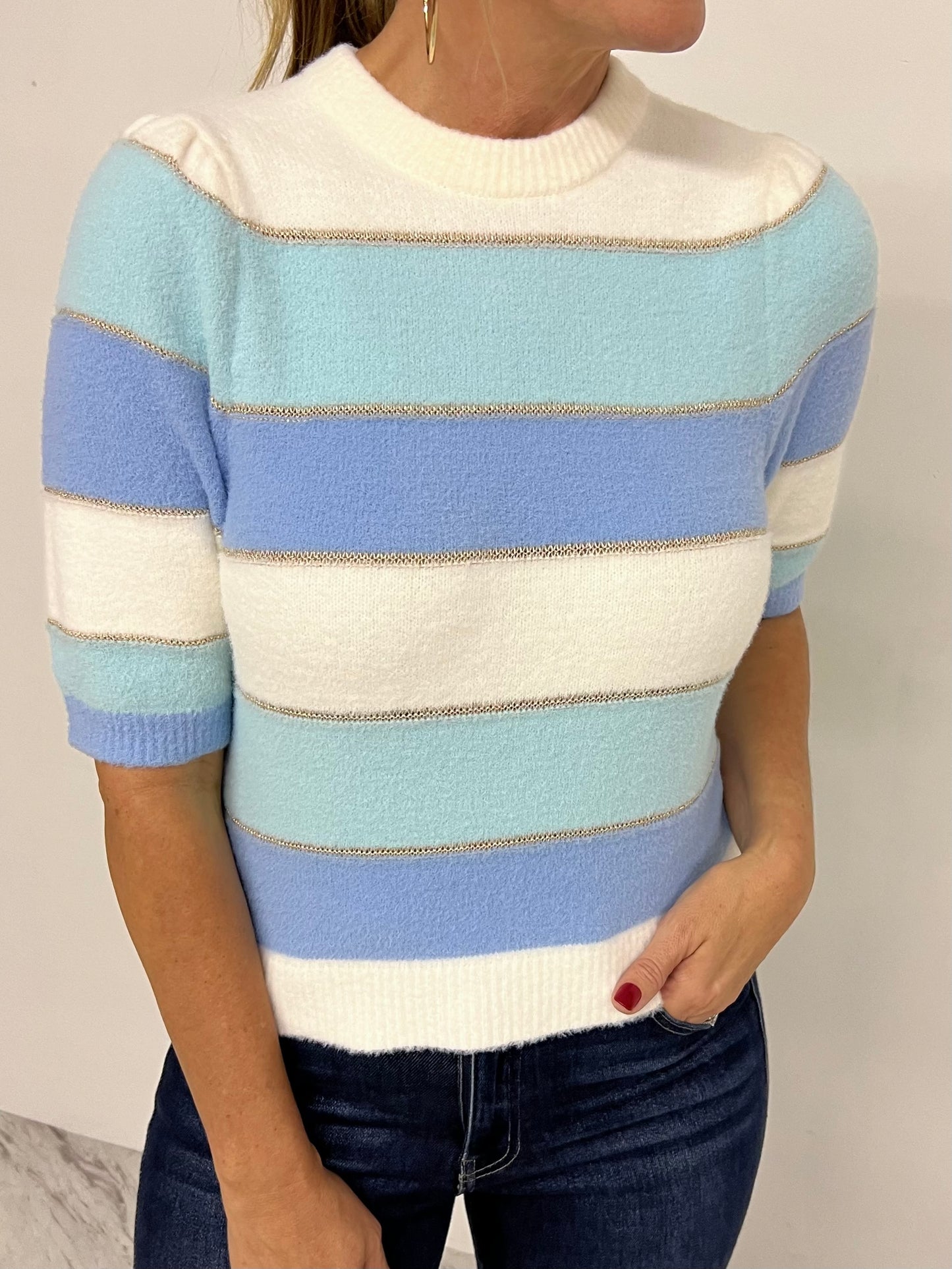 Atlantic Blue Stripe Short Sleeve Sweater